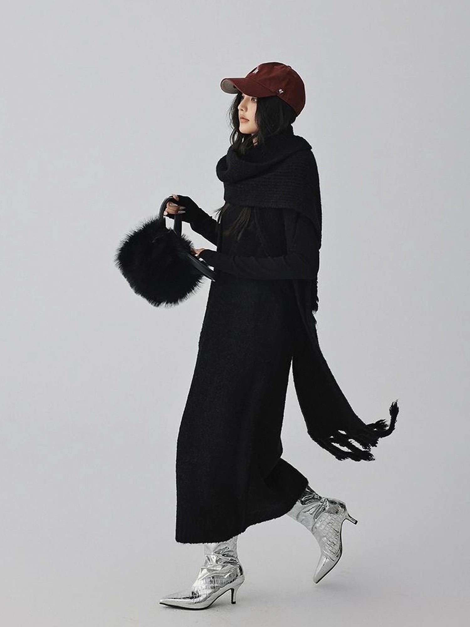 FU FRESH UP V-neck Alpaca Wool Vest Fringed Shawl Set