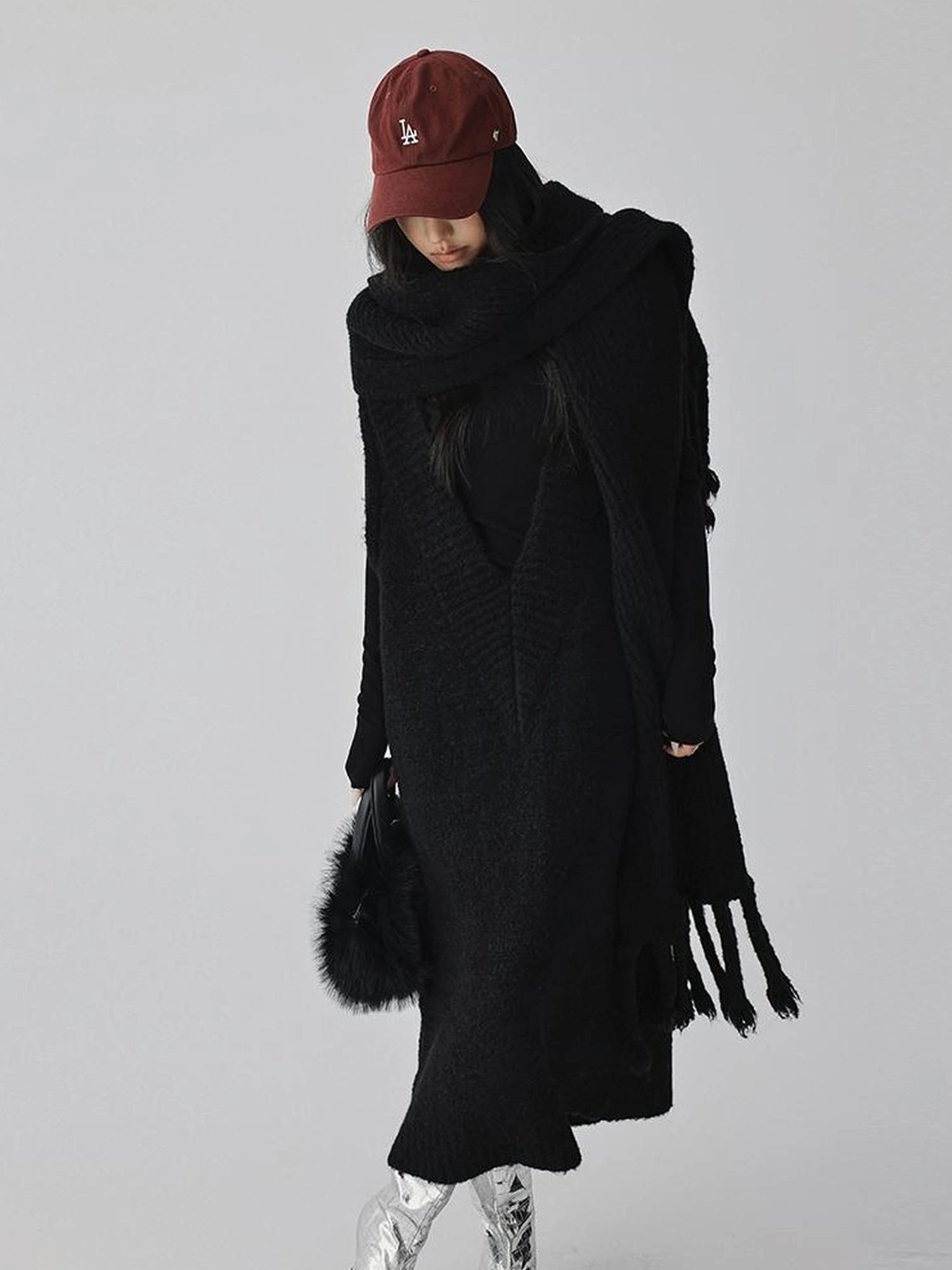 FU FRESH UP V-neck Alpaca Wool Vest Fringed Shawl Set