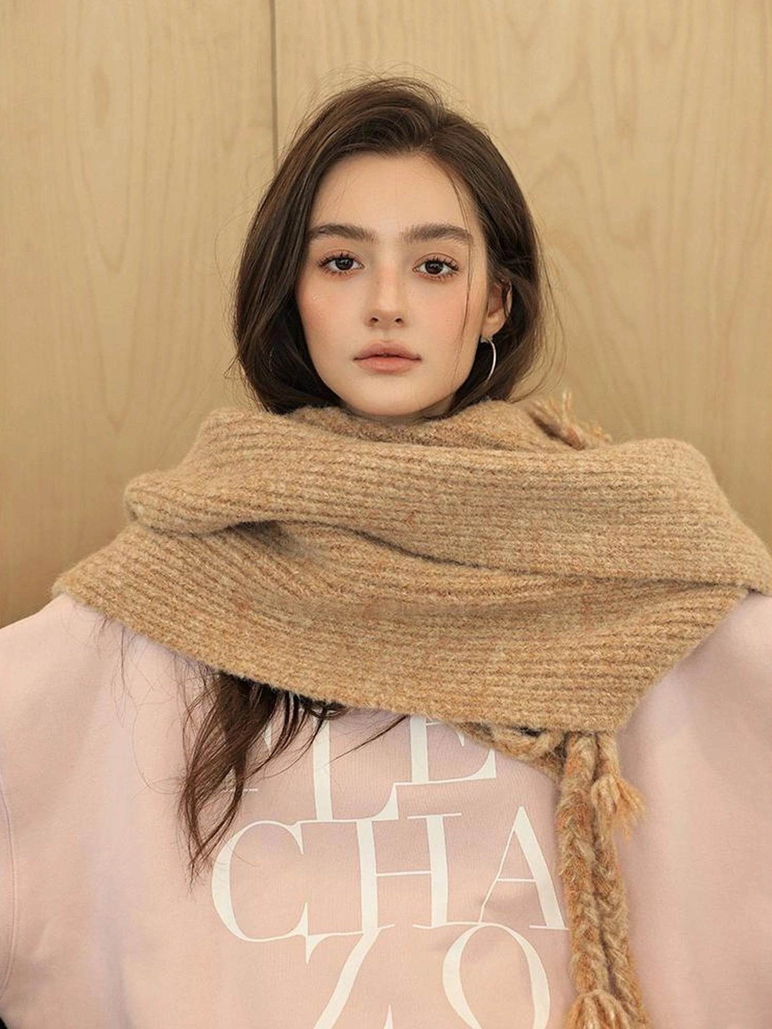 FU FRESH UP V-neck Alpaca Wool Vest Fringed Shawl Set