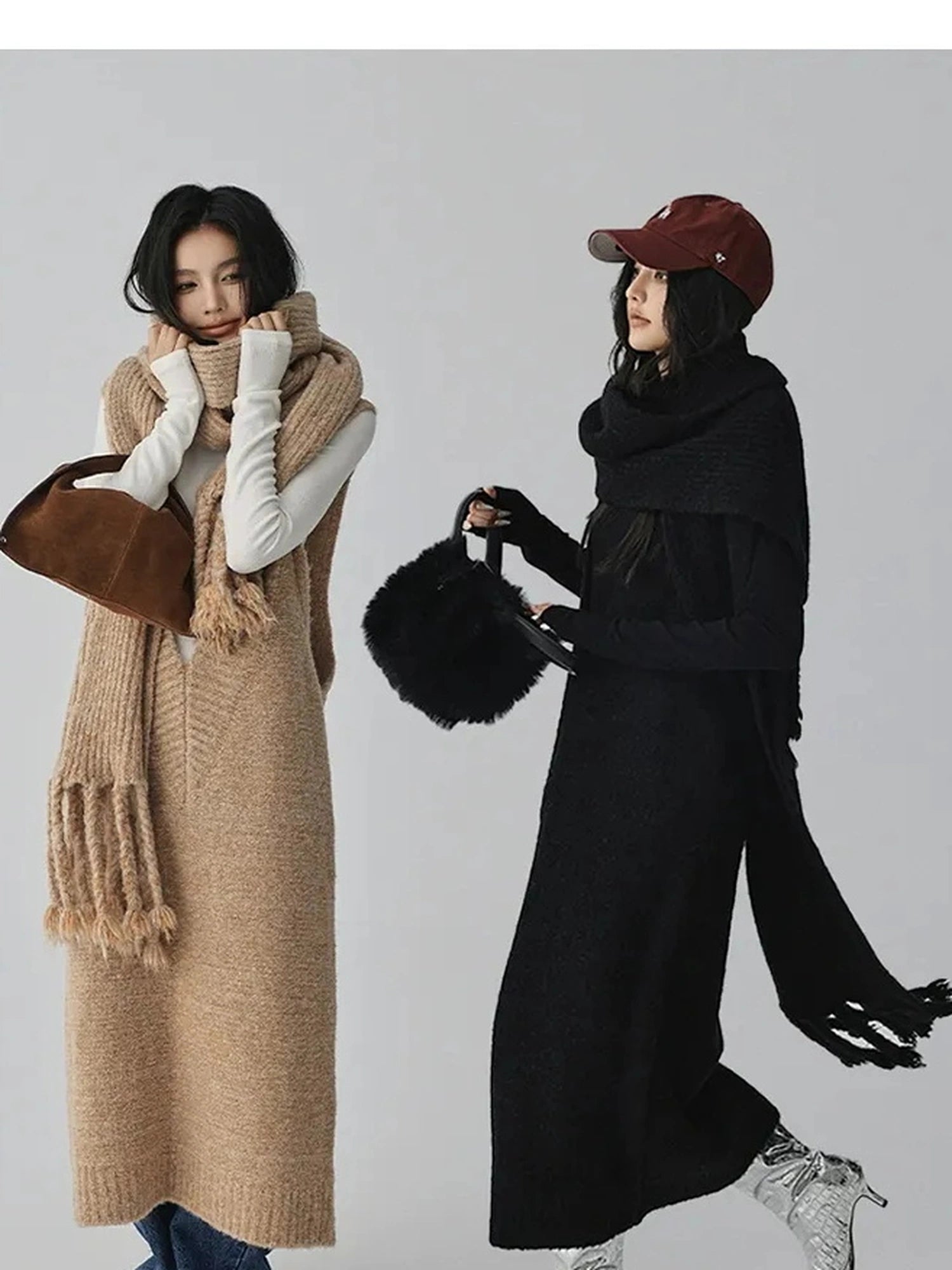 FU FRESH UP V-neck Alpaca Wool Vest Fringed Shawl Set