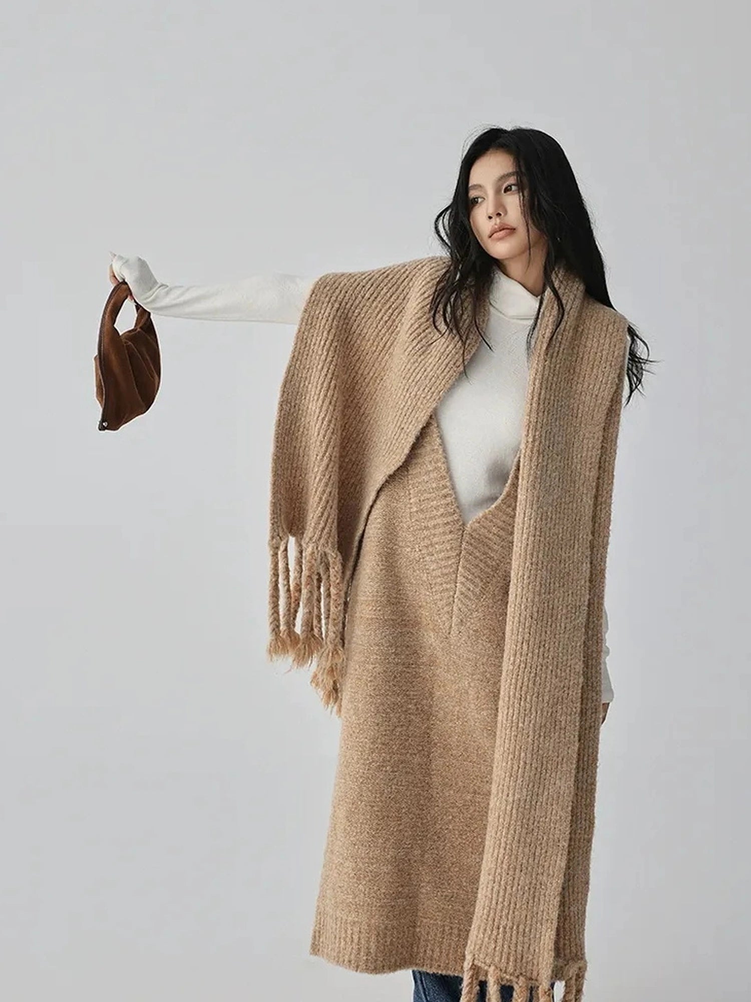 FU FRESH UP V-neck Alpaca Wool Vest Fringed Shawl Set