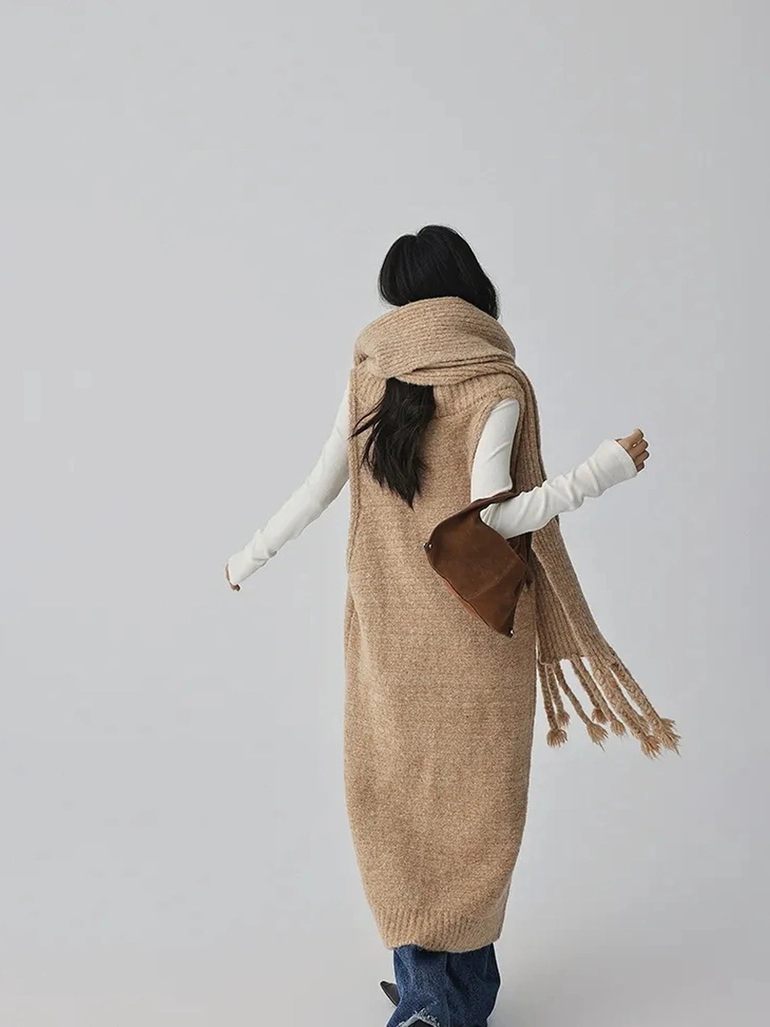 FU FRESH UP V-neck Alpaca Wool Vest Fringed Shawl Set