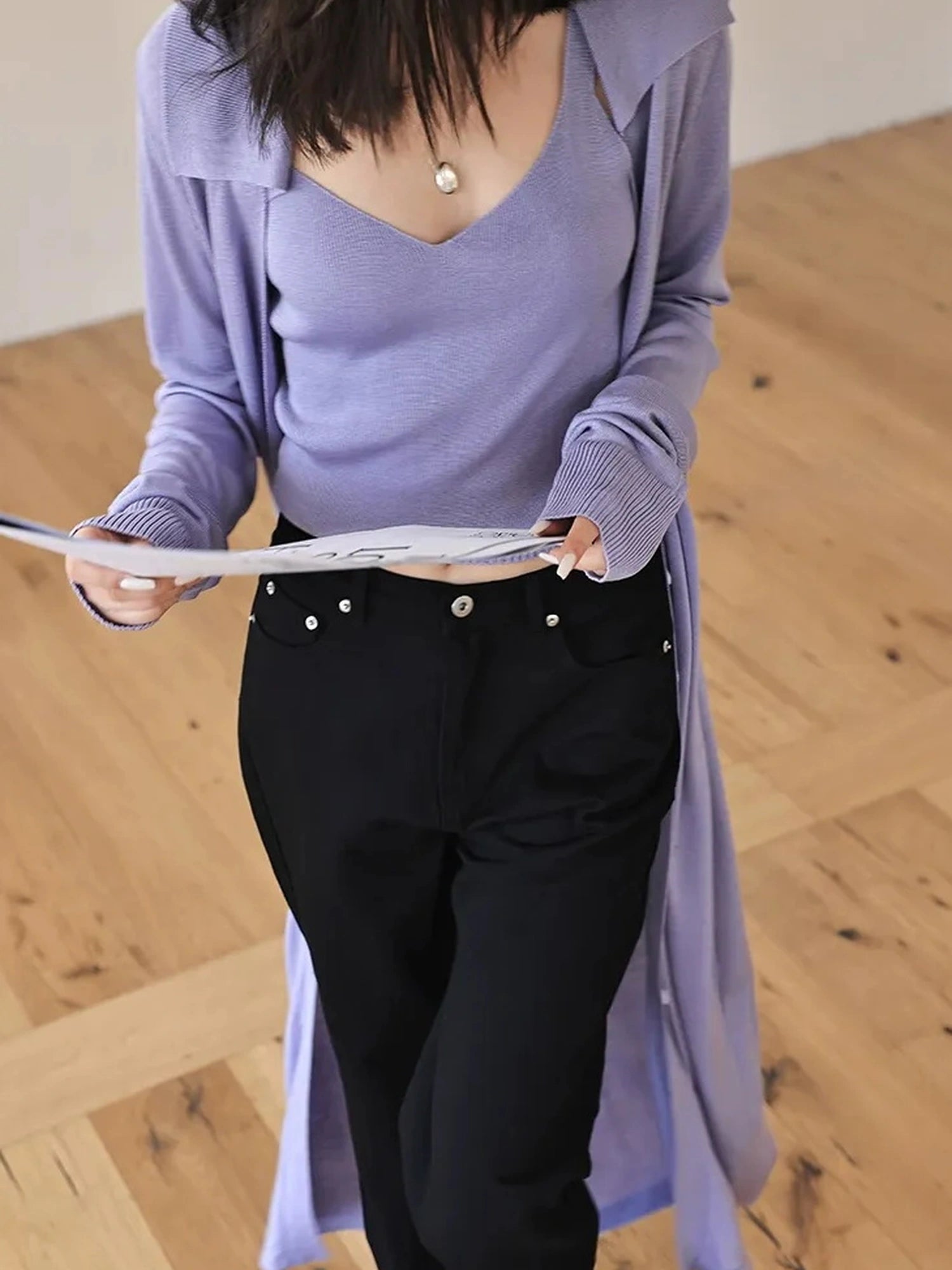 FU FRESH UP V-neck Long Rayleece Knit Cardigan Set