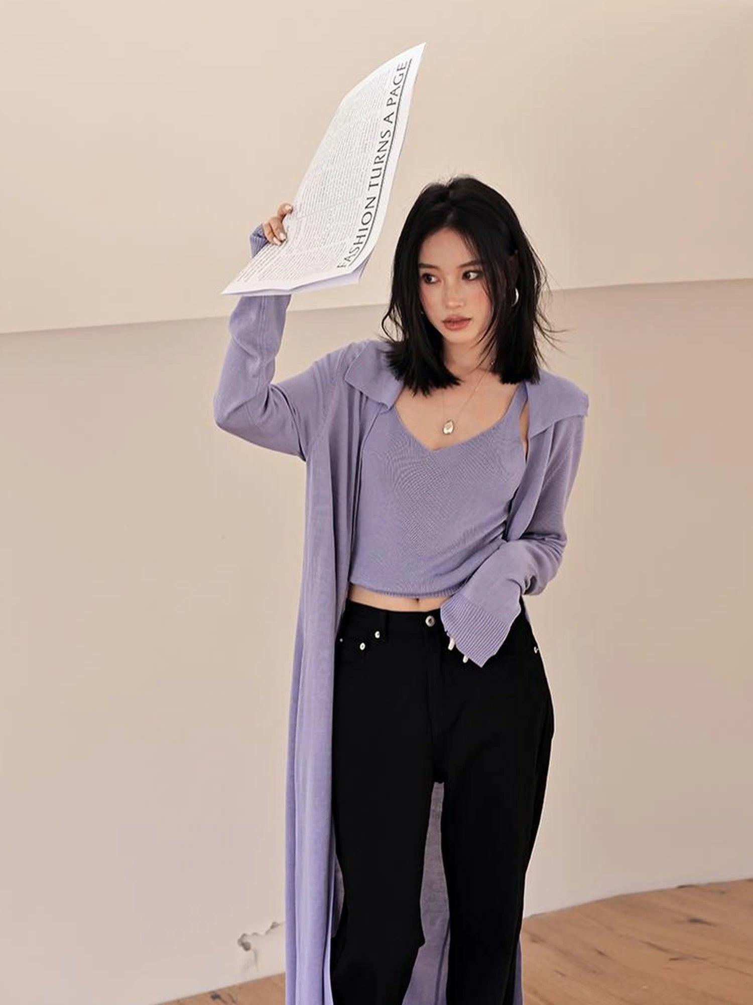 FU FRESH UP V-neck Long Rayleece Knit Cardigan Set
