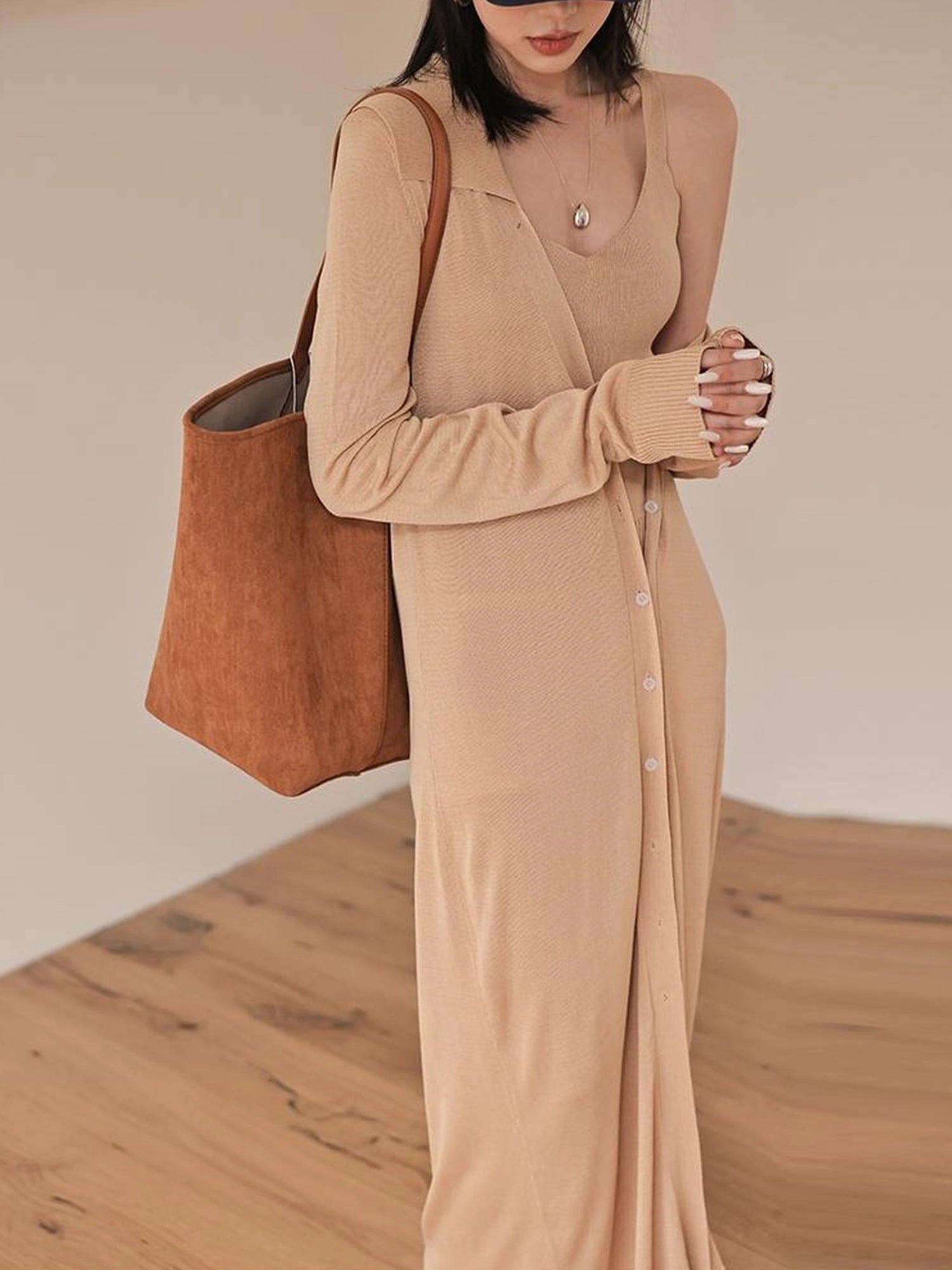 FU FRESH UP V-neck Long Rayleece Knit Cardigan Set