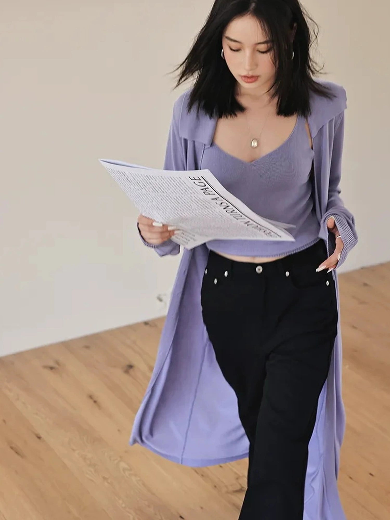 FU FRESH UP V-neck Long Rayleece Knit Cardigan Set