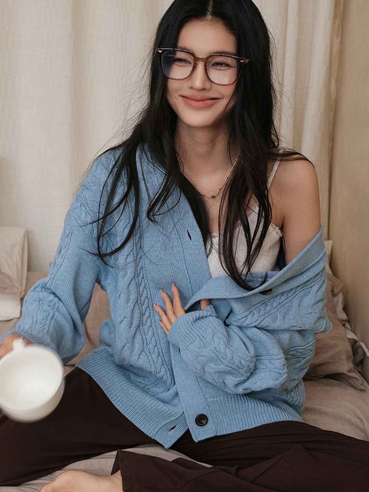 FU FRESH UP Vintage Cable Knit Cardigan V-neck T-shirt Long Sleeve