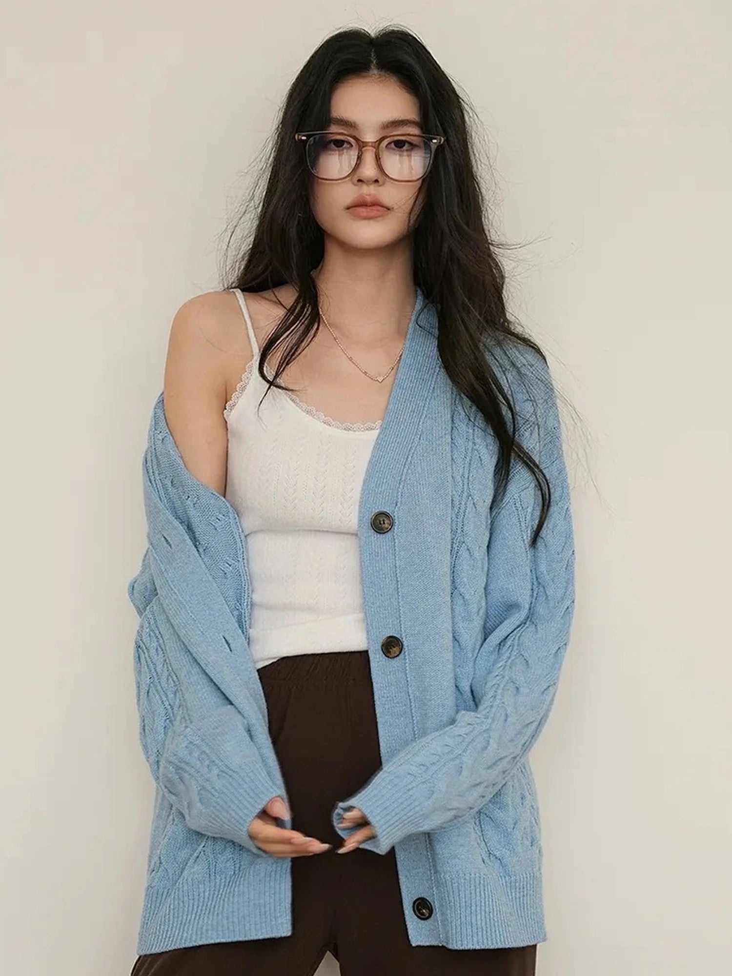 FU FRESH UP Vintage Cable Knit Cardigan V-neck T-shirt Long Sleeve