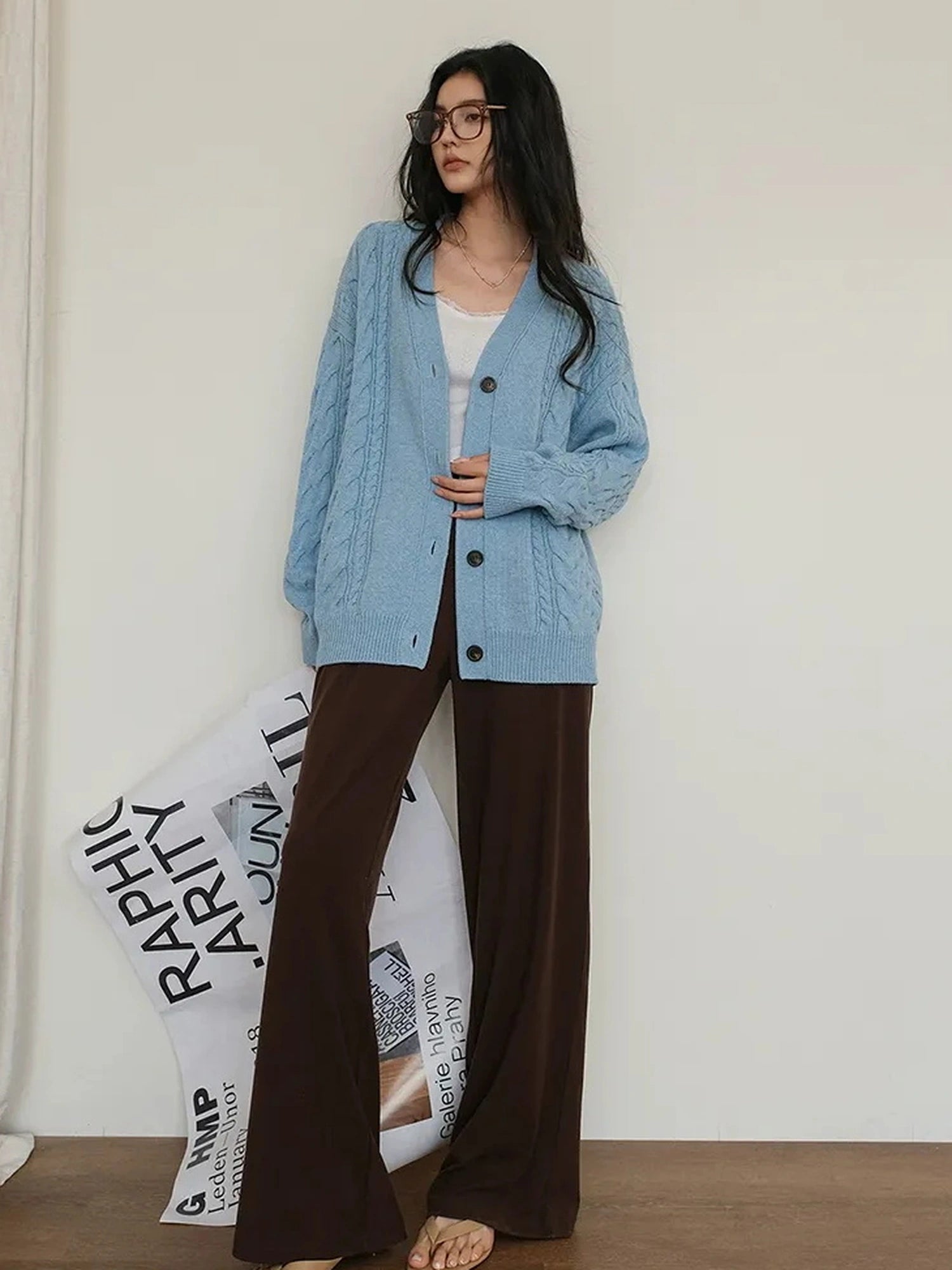 FU FRESH UP Vintage Cable Knit Cardigan V-neck T-shirt Long Sleeve