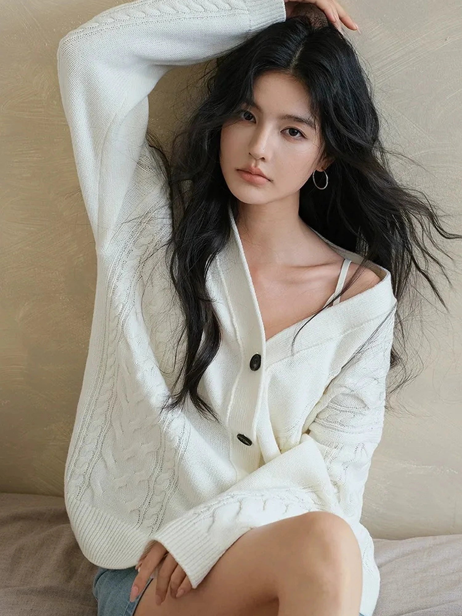 FU FRESH UP Vintage Cable Knit Cardigan V-neck T-shirt Long Sleeve