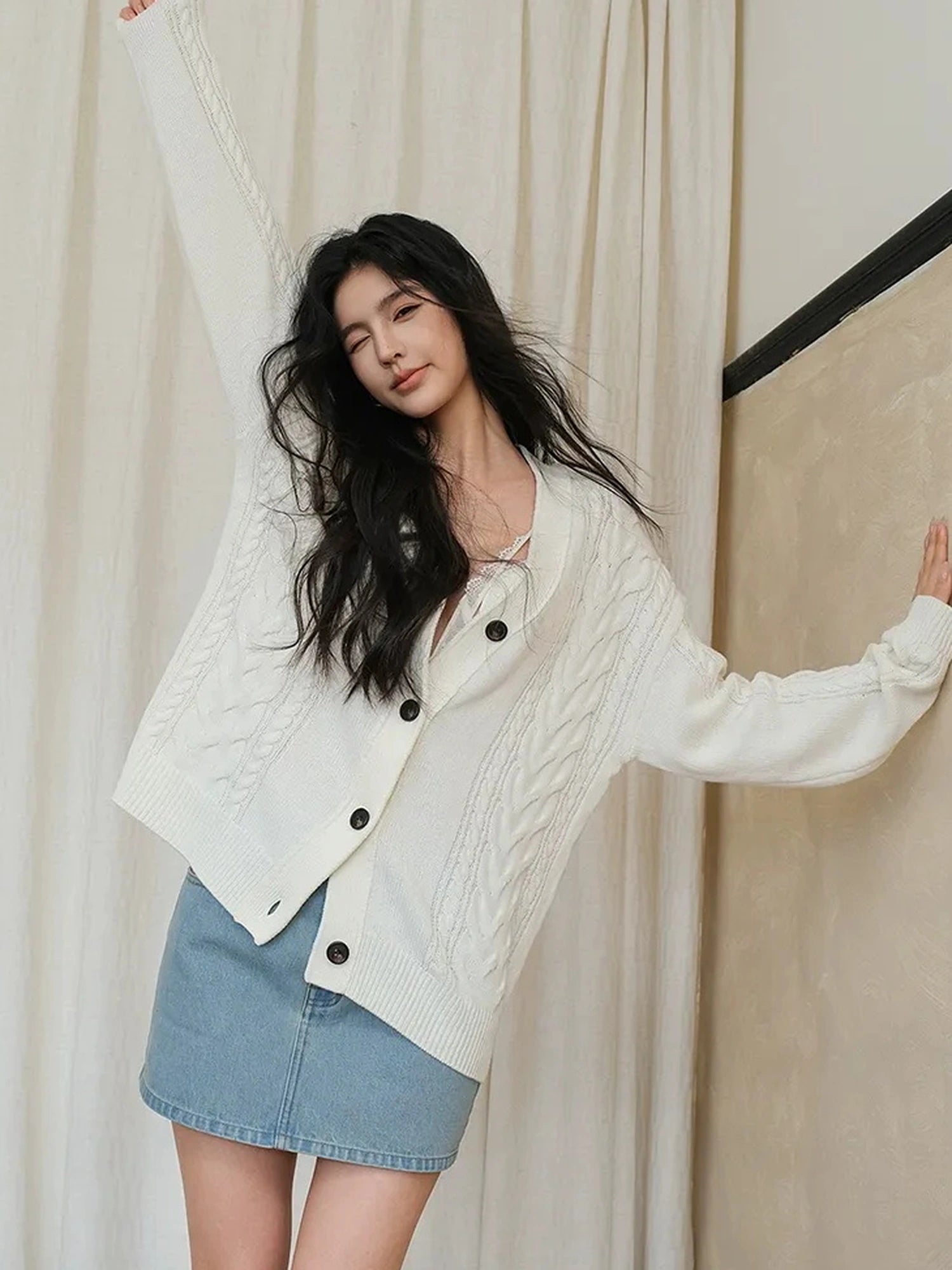 FU FRESH UP Vintage Cable Knit Cardigan V-neck T-shirt Long Sleeve