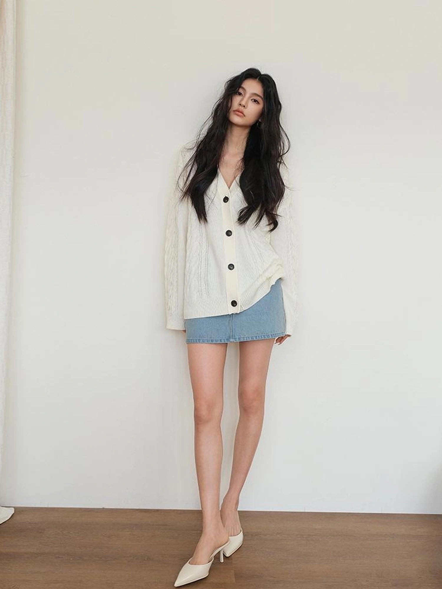 FU FRESH UP Vintage Cable Knit Cardigan V-neck T-shirt Long Sleeve