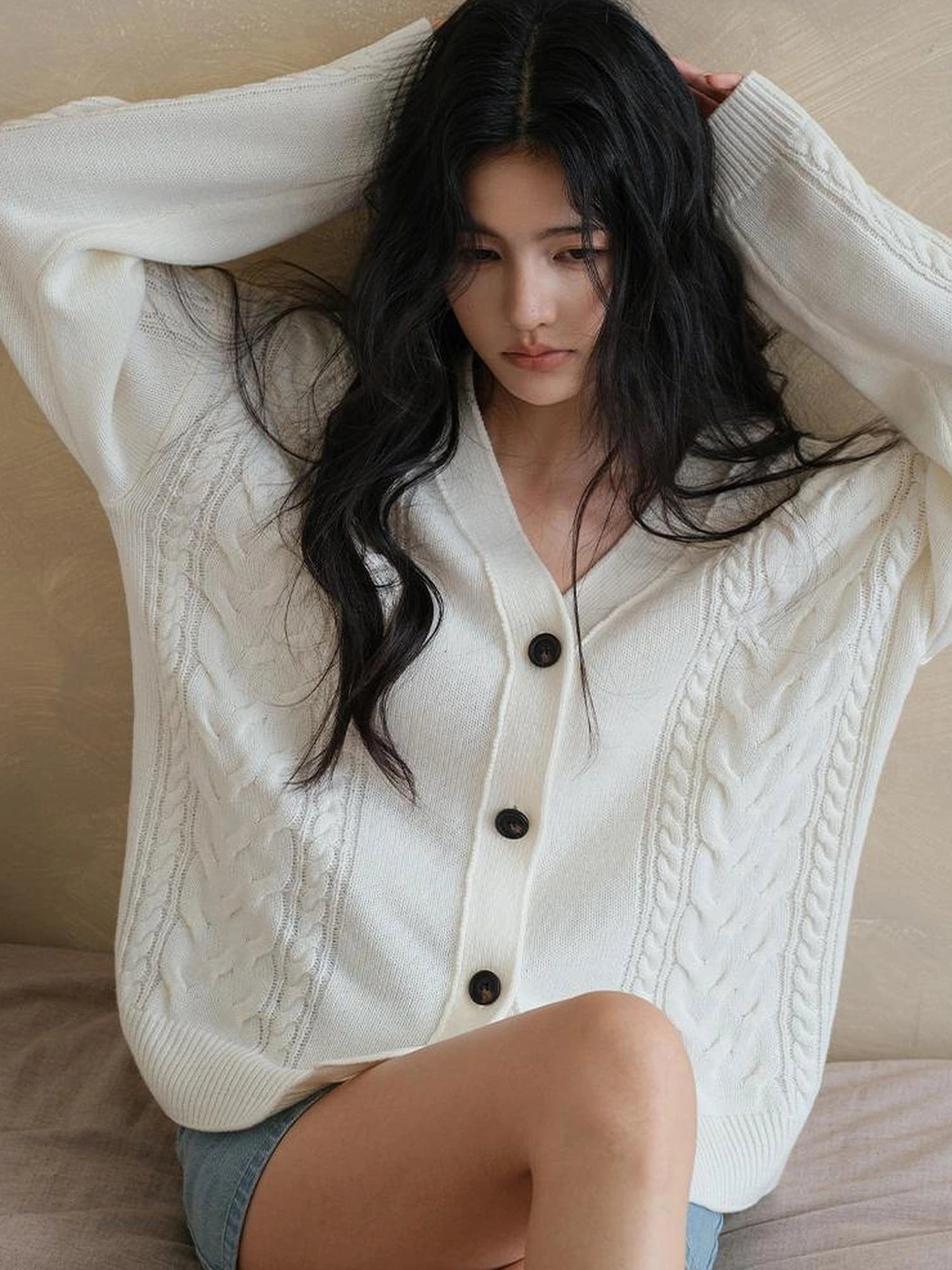 FU FRESH UP Vintage Cable Knit Cardigan V-neck T-shirt Long Sleeve