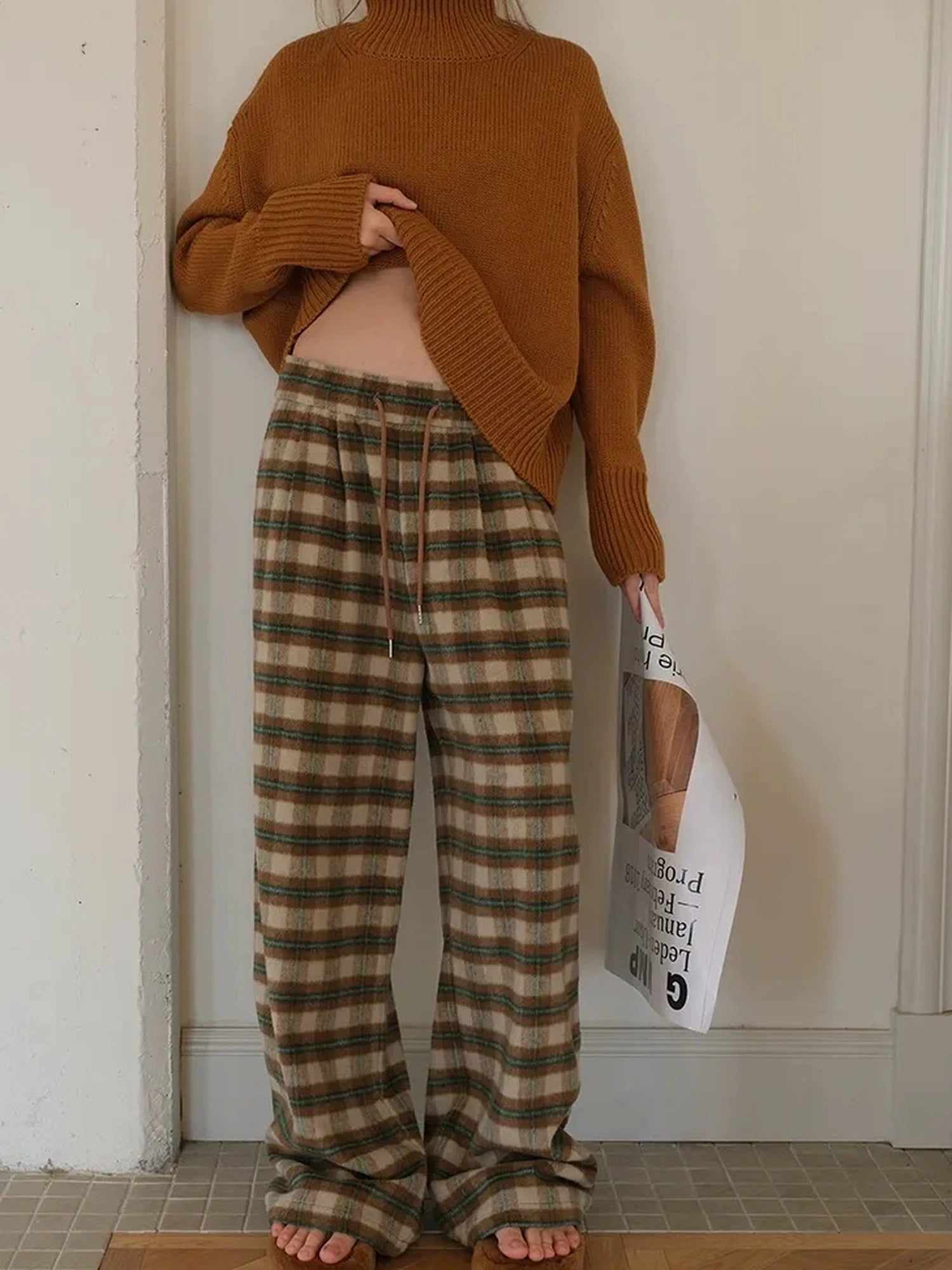 FU FRESH UP Vintage Check Wool Wide Leg Trousers