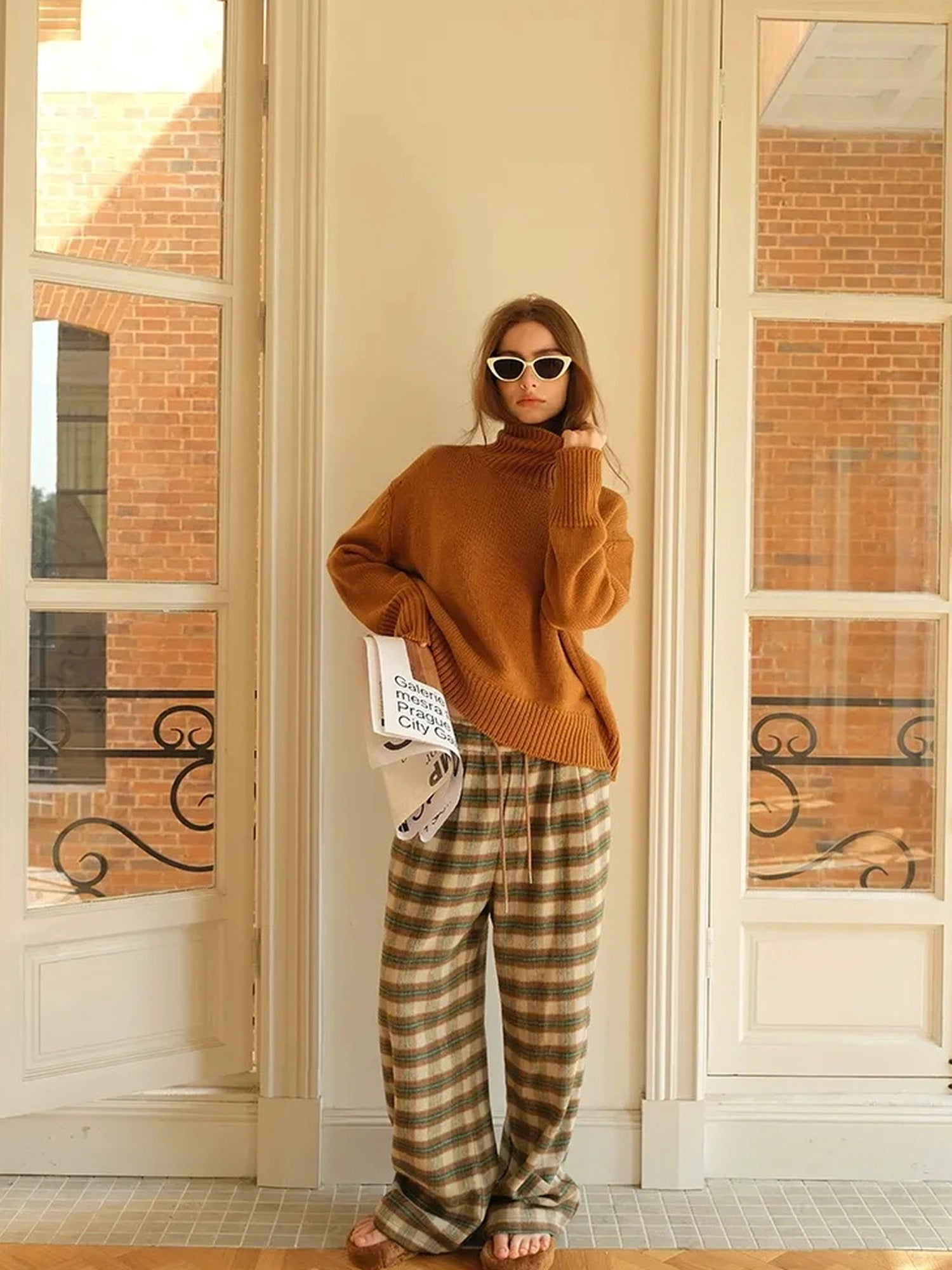 FU FRESH UP Vintage Check Wool Wide Leg Trousers