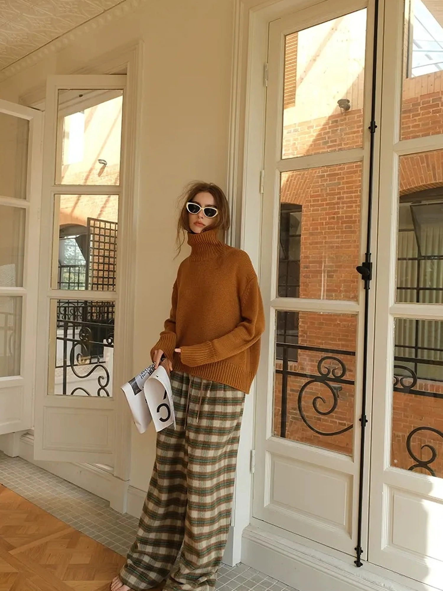 FU FRESH UP Vintage Check Wool Wide Leg Trousers
