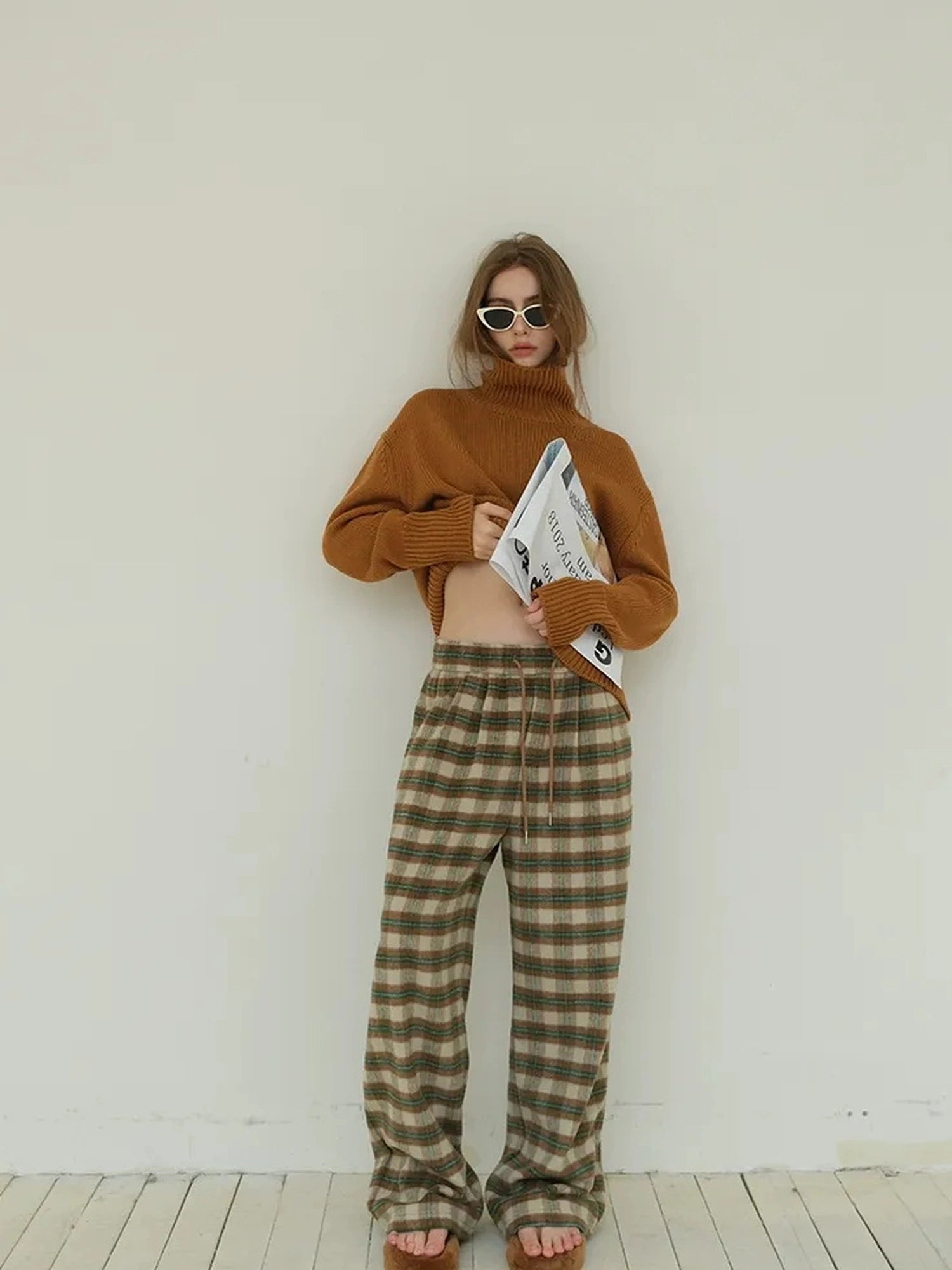FU FRESH UP Vintage Check Wool Wide Leg Trousers