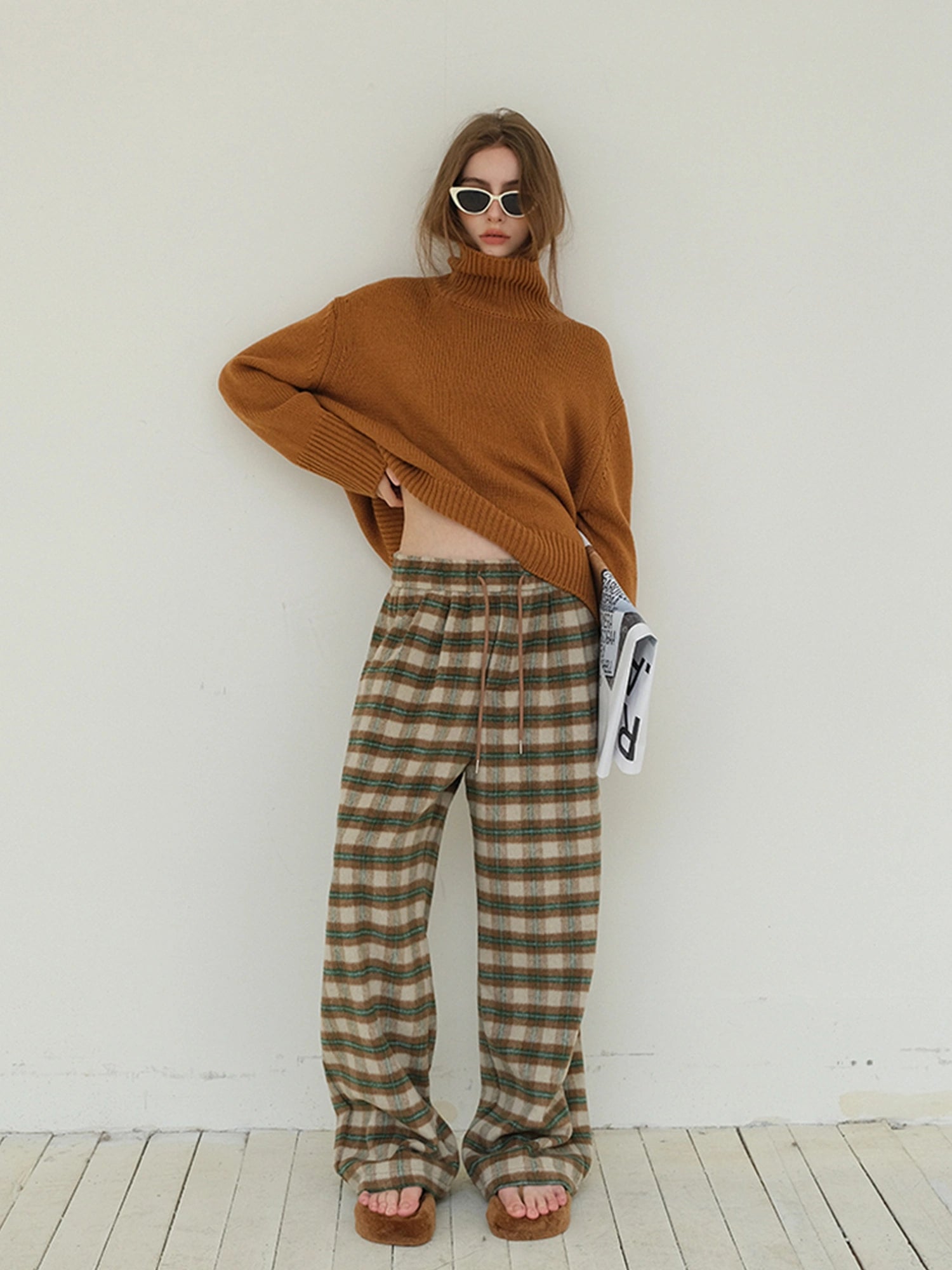 FU FRESH UP Vintage Check Wool Wide Leg Trousers