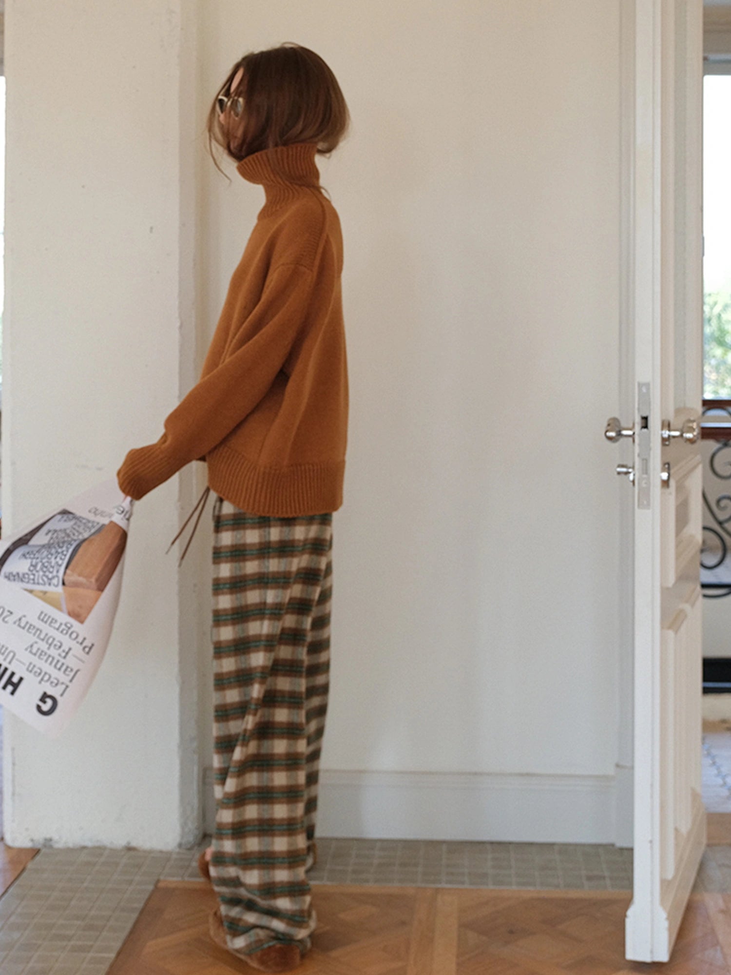 FU FRESH UP Vintage Check Wool Wide Leg Trousers