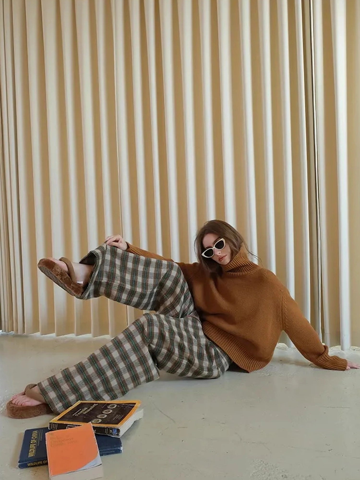 FU FRESH UP Vintage Check Wool Wide Leg Trousers