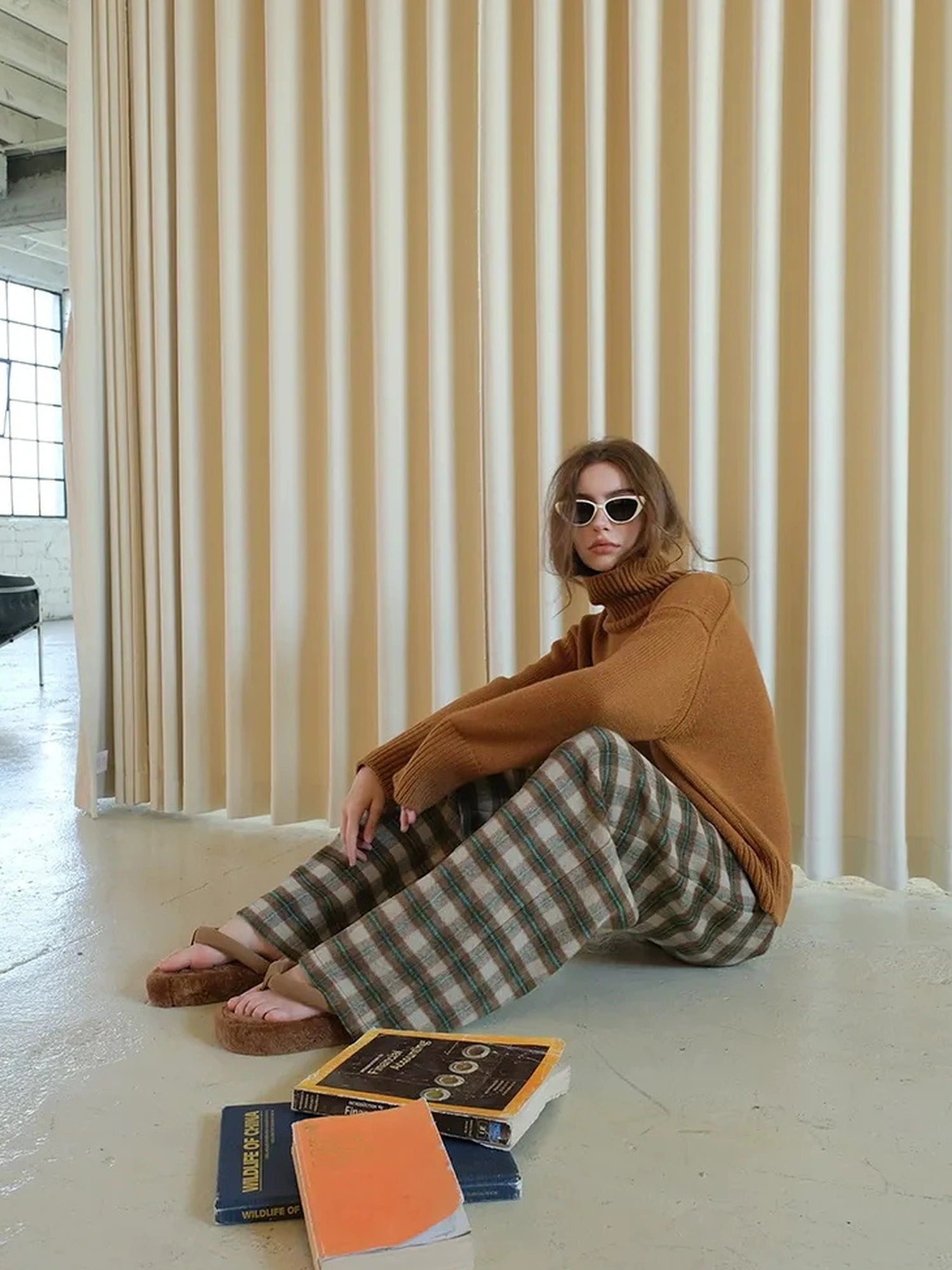 FU FRESH UP Vintage Check Wool Wide Leg Trousers