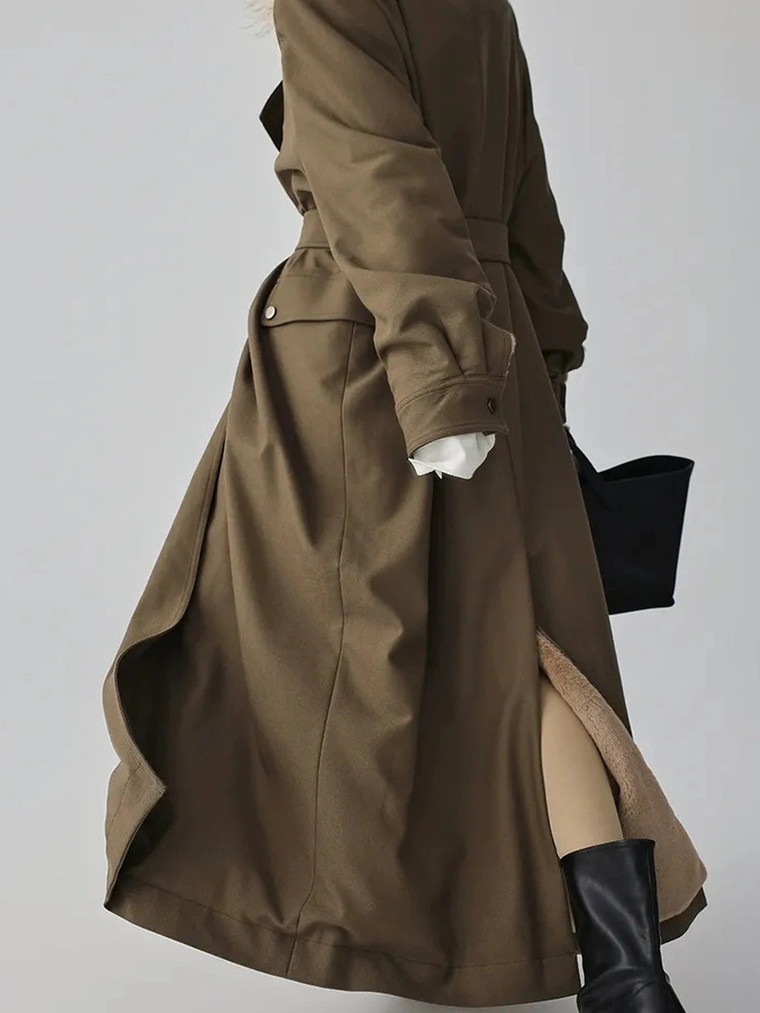 FU FRESH UP Vintage Collar Belted Trench Coat With Plush Lining