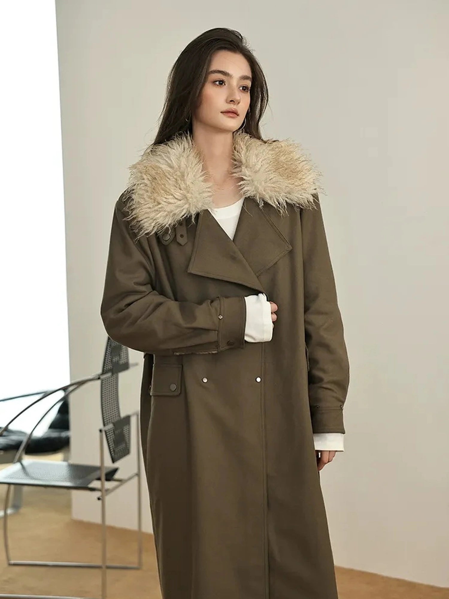 FU FRESH UP Vintage Collar Belted Trench Coat With Plush Lining