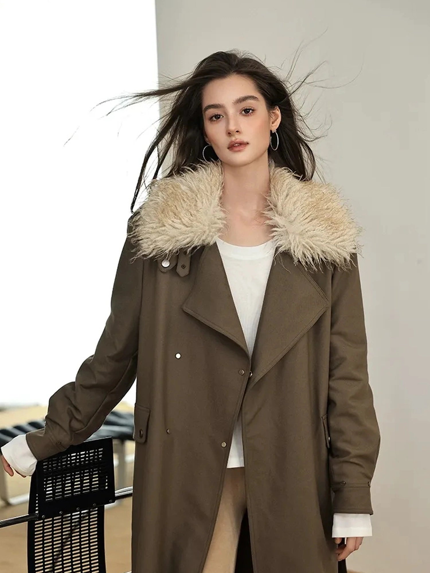 FU FRESH UP Vintage Collar Belted Trench Coat With Plush Lining