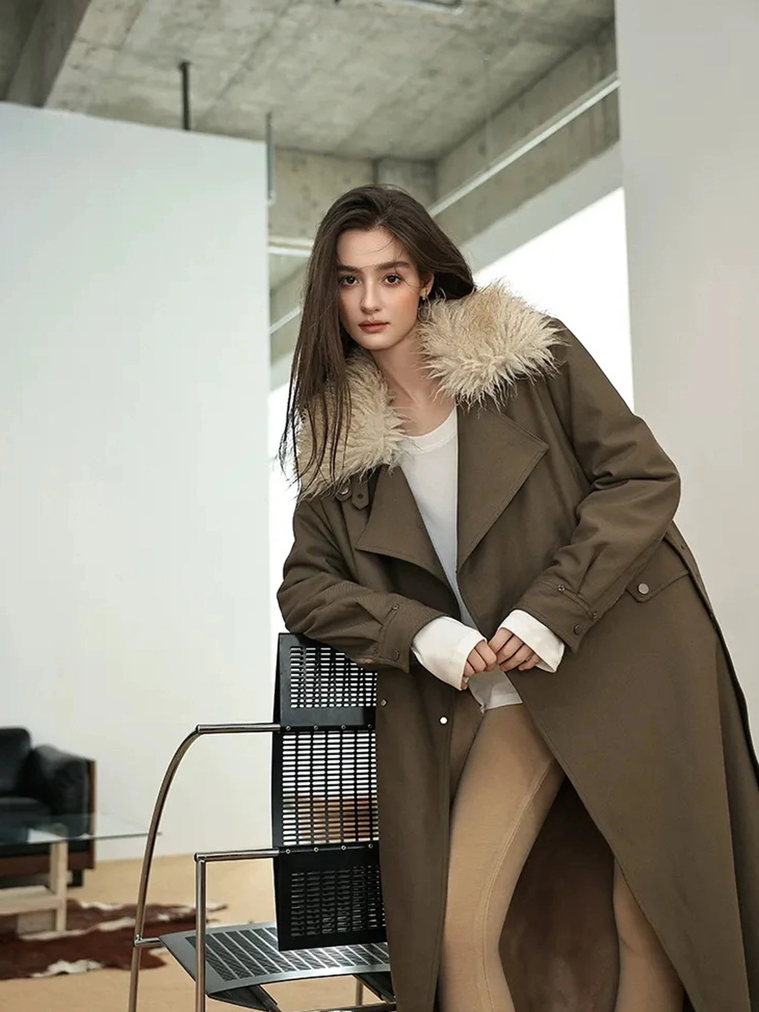 FU FRESH UP Vintage Collar Belted Trench Coat With Plush Lining
