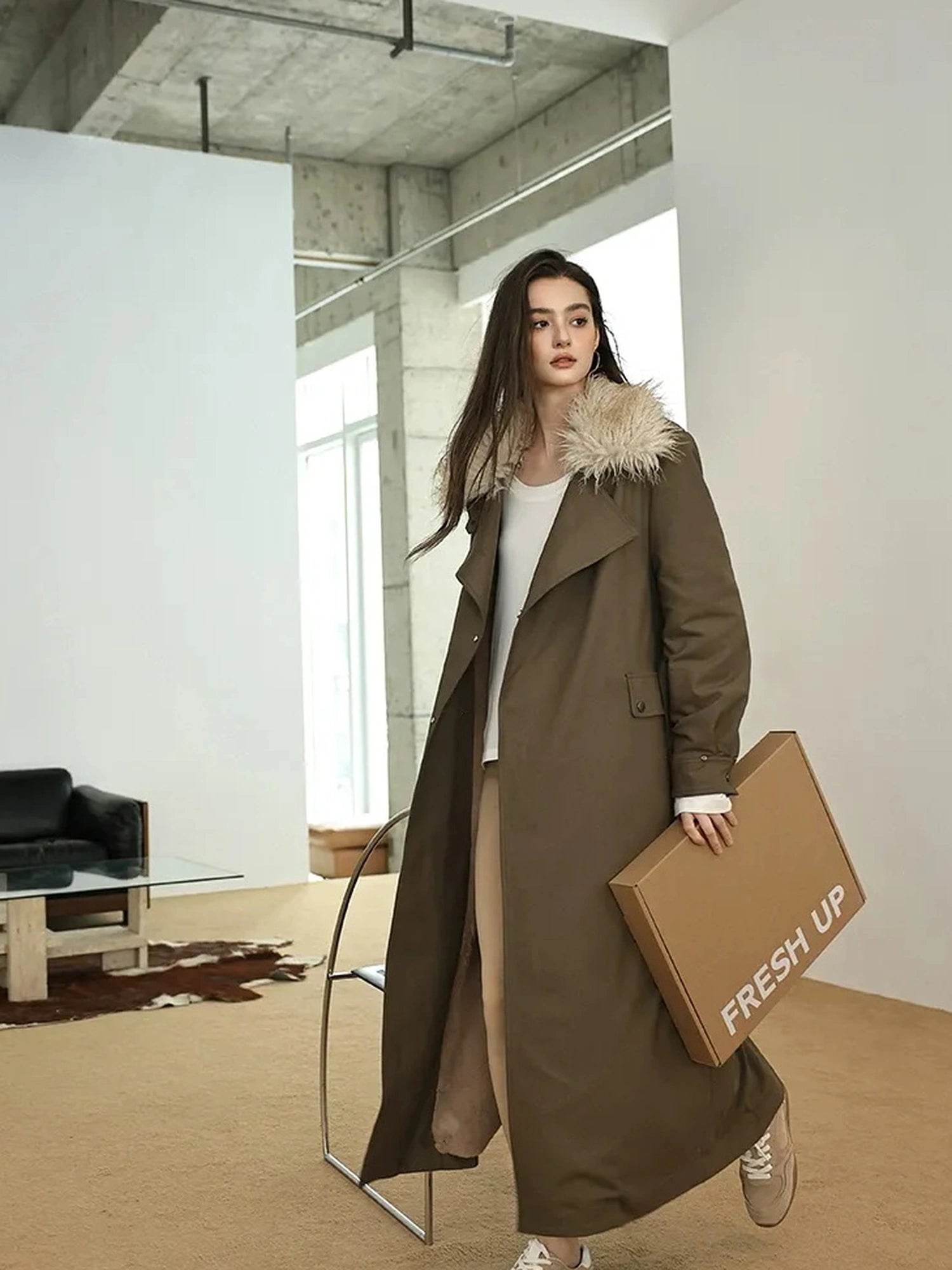 FU FRESH UP Vintage Collar Belted Trench Coat With Plush Lining