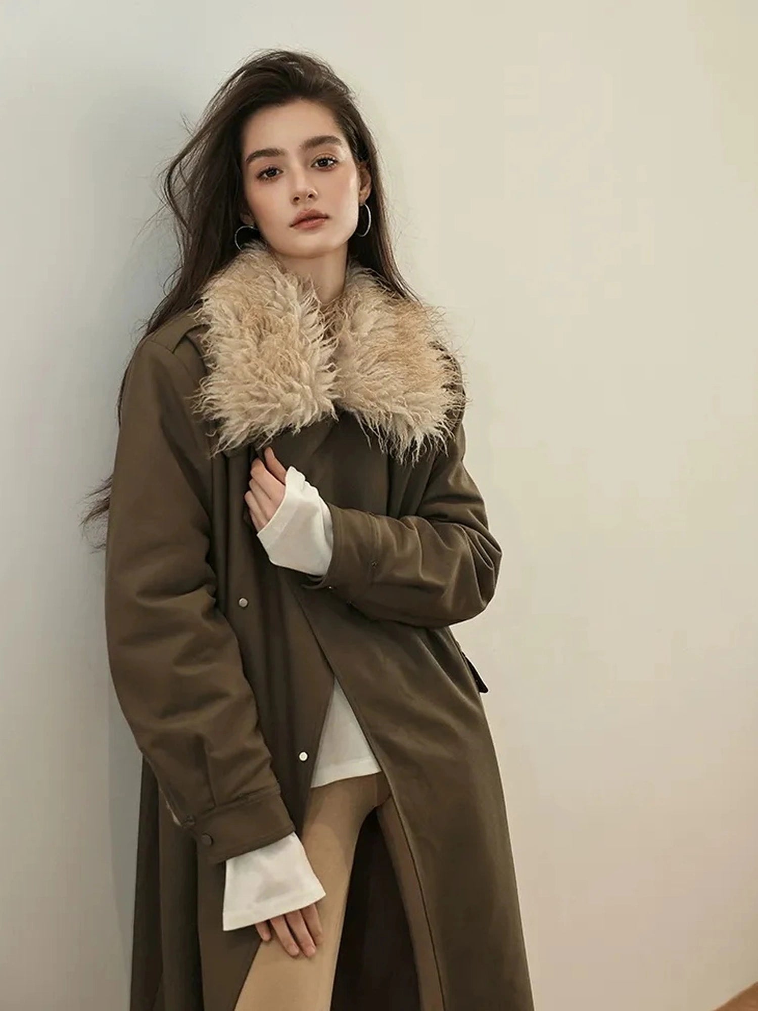 FU FRESH UP Vintage Collar Belted Trench Coat With Plush Lining