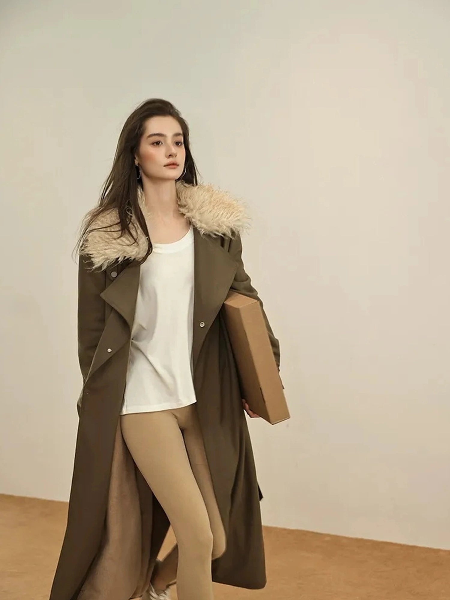 FU FRESH UP Vintage Collar Belted Trench Coat With Plush Lining