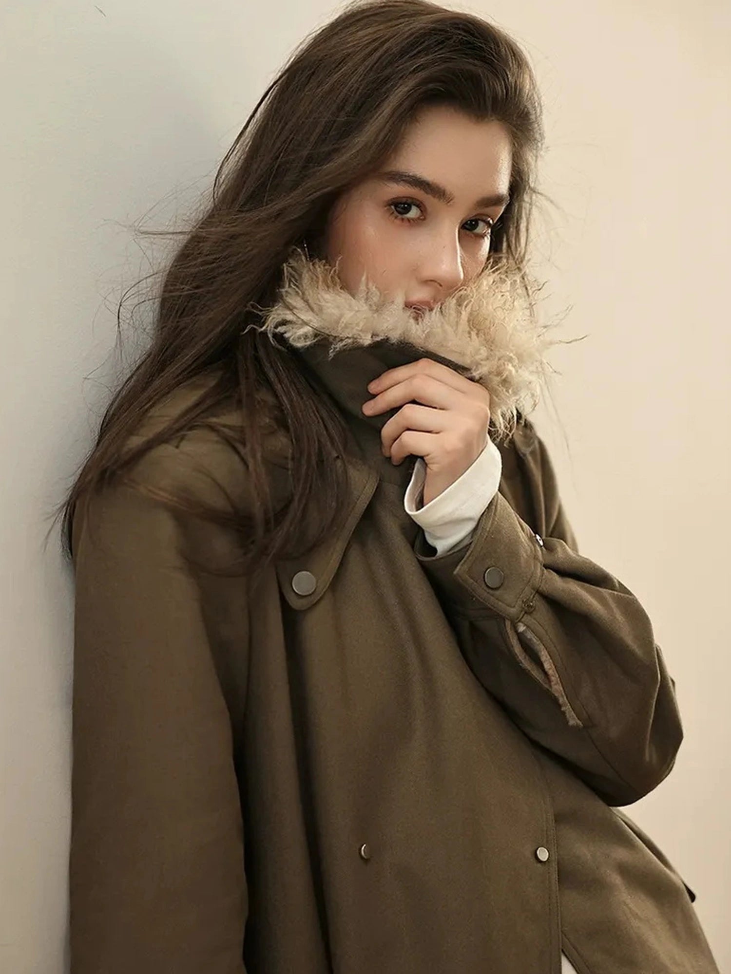 FU FRESH UP Vintage Collar Belted Trench Coat With Plush Lining