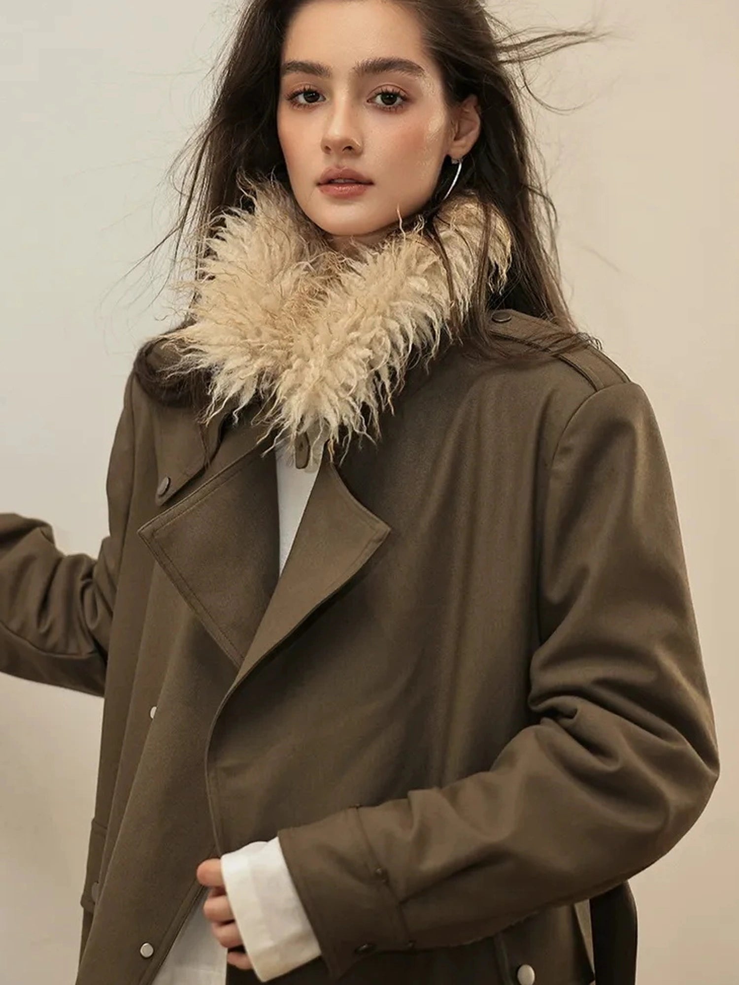 FU FRESH UP Vintage Collar Belted Trench Coat With Plush Lining
