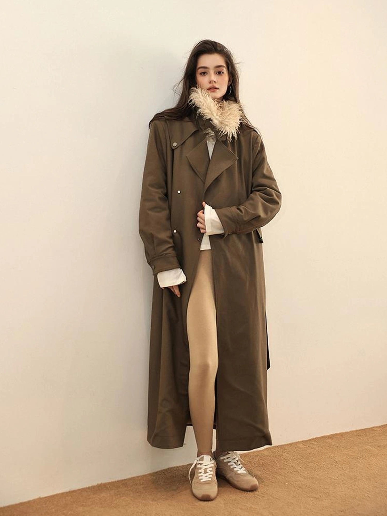 FU FRESH UP Vintage Collar Belted Trench Coat With Plush Lining