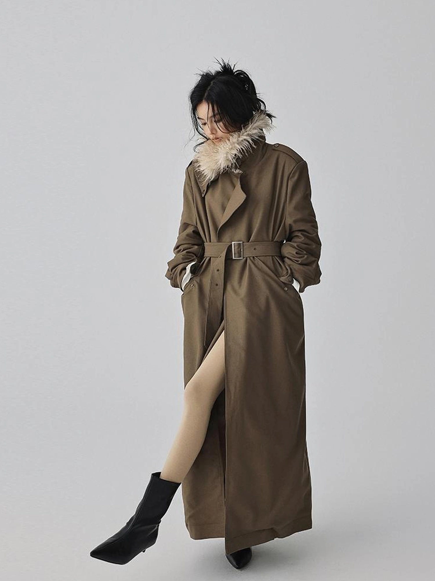 FU FRESH UP Vintage Collar Belted Trench Coat With Plush Lining