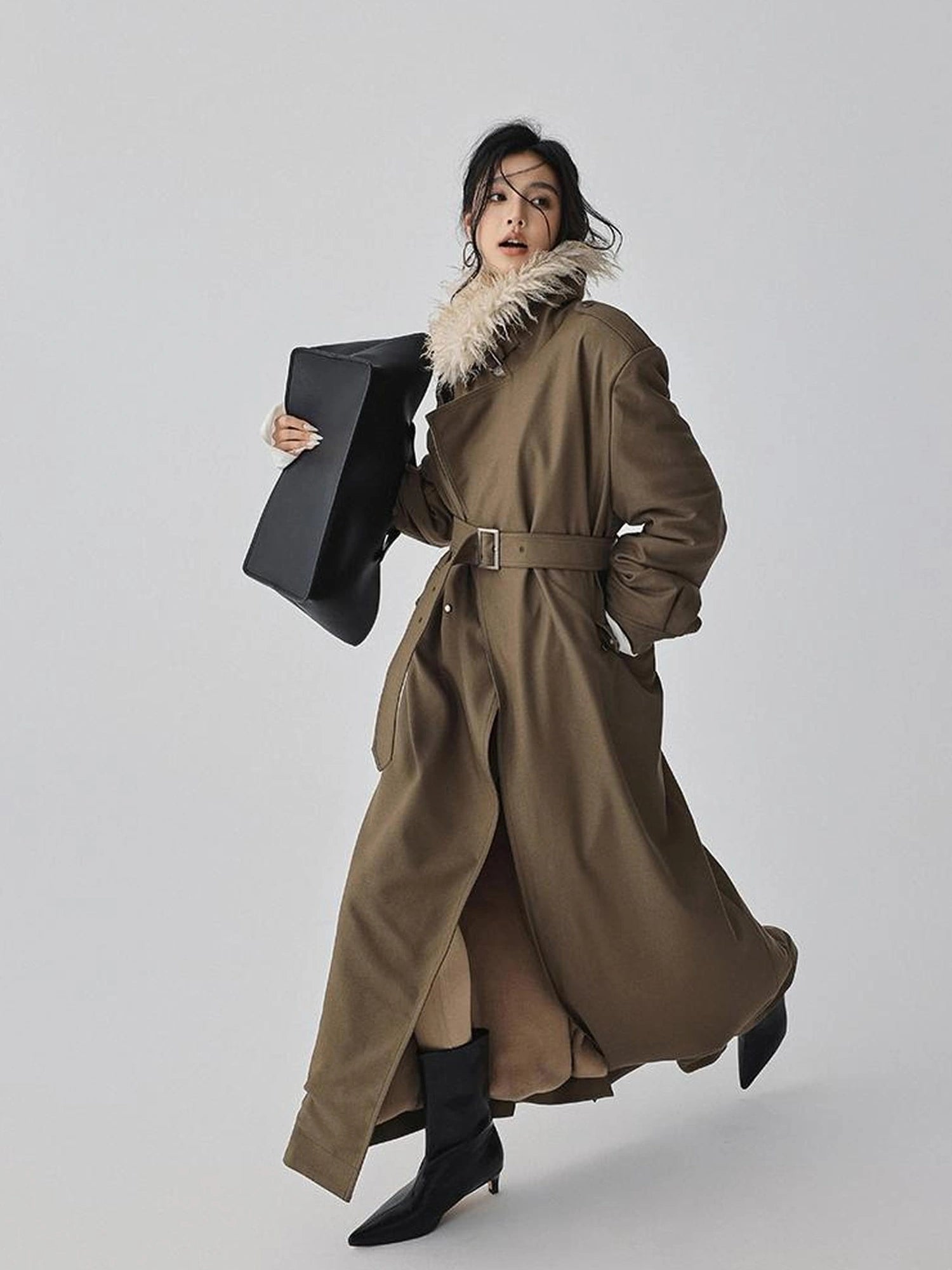 FU FRESH UP Vintage Collar Belted Trench Coat With Plush Lining