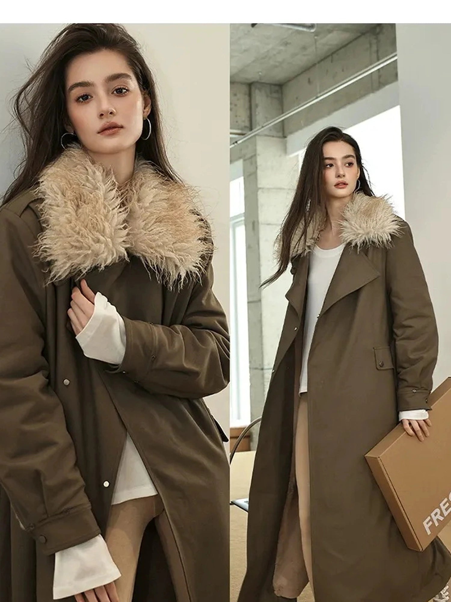 FU FRESH UP Vintage Collar Belted Trench Coat With Plush Lining