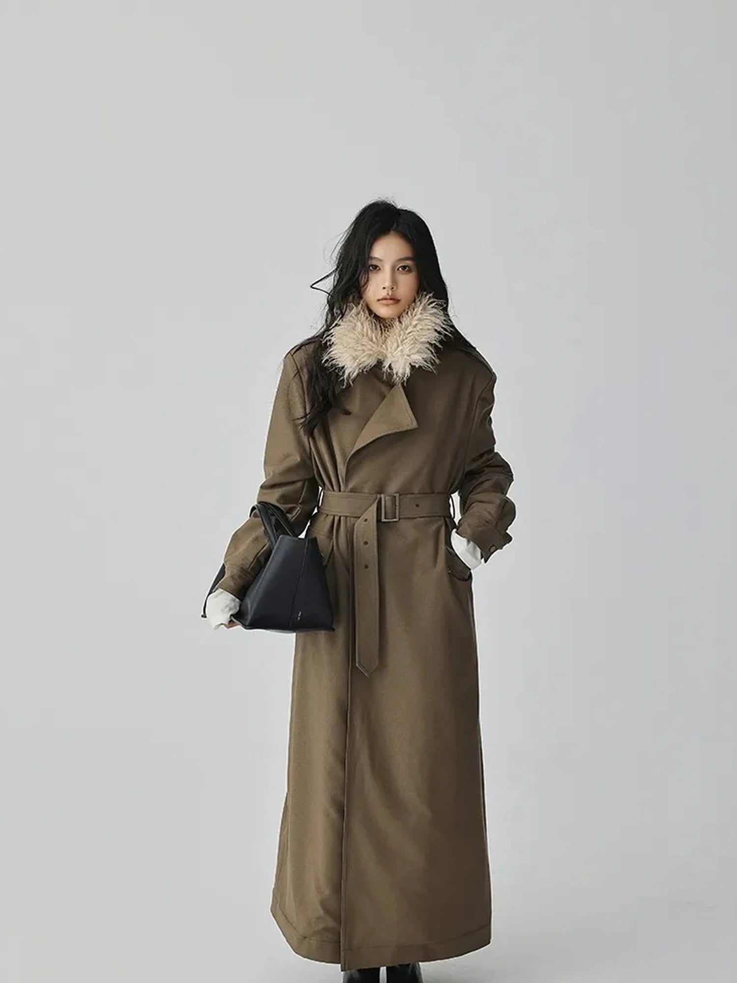 FU FRESH UP Vintage Collar Belted Trench Coat With Plush Lining