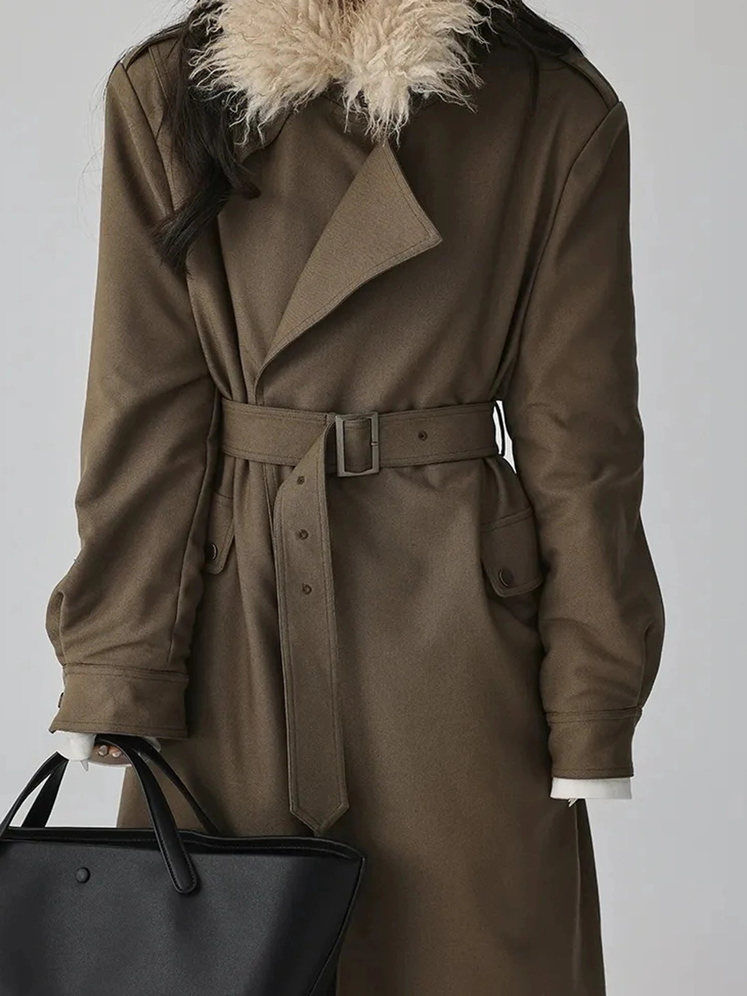 FU FRESH UP Vintage Collar Belted Trench Coat With Plush Lining