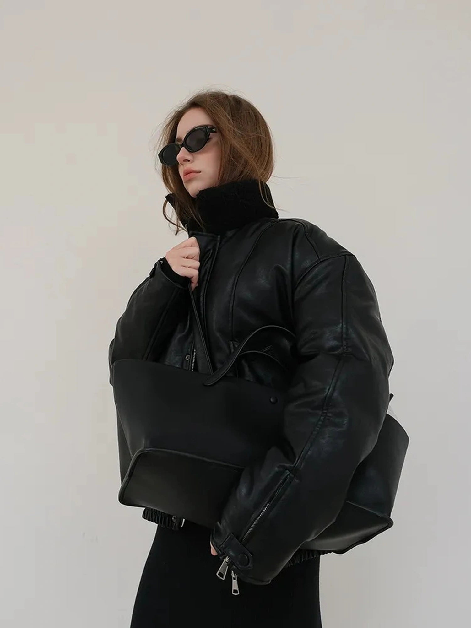 FU FRESH UP Vintage Pu Puffer Jacket With Faux Shearling Collar