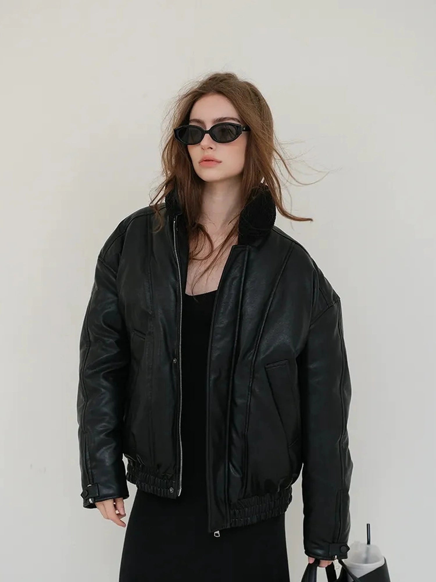 FU FRESH UP Vintage Pu Puffer Jacket With Faux Shearling Collar