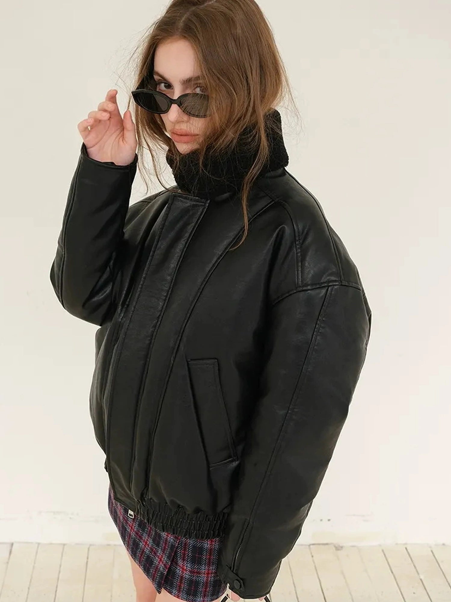 FU FRESH UP Vintage Pu Puffer Jacket With Faux Shearling Collar