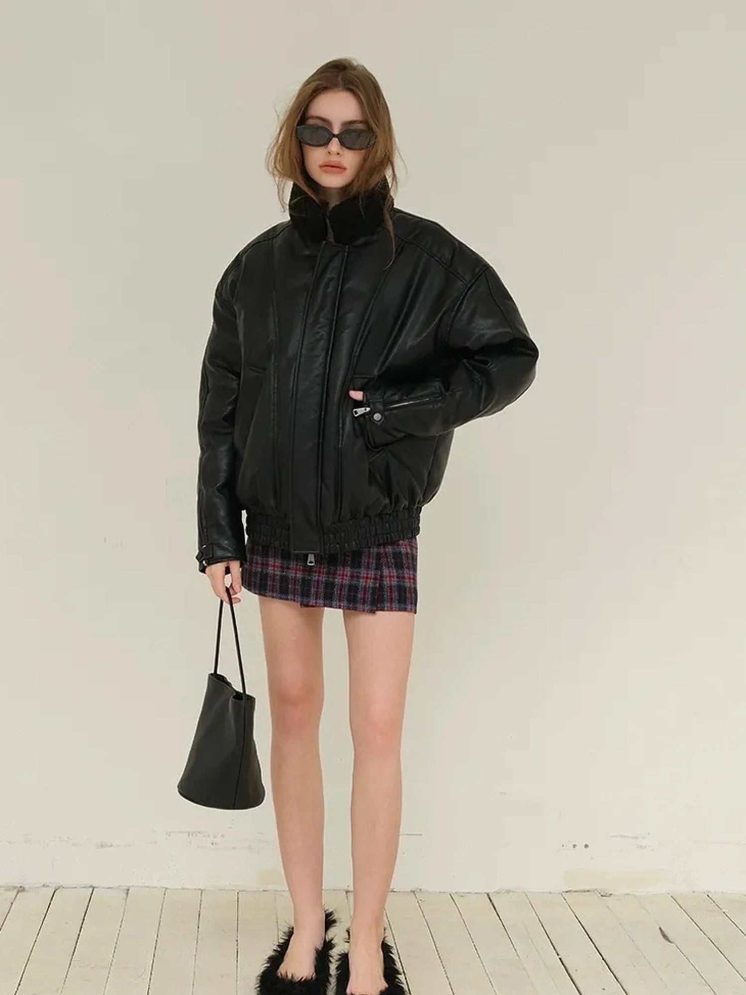 FU FRESH UP Vintage Pu Puffer Jacket With Faux Shearling Collar