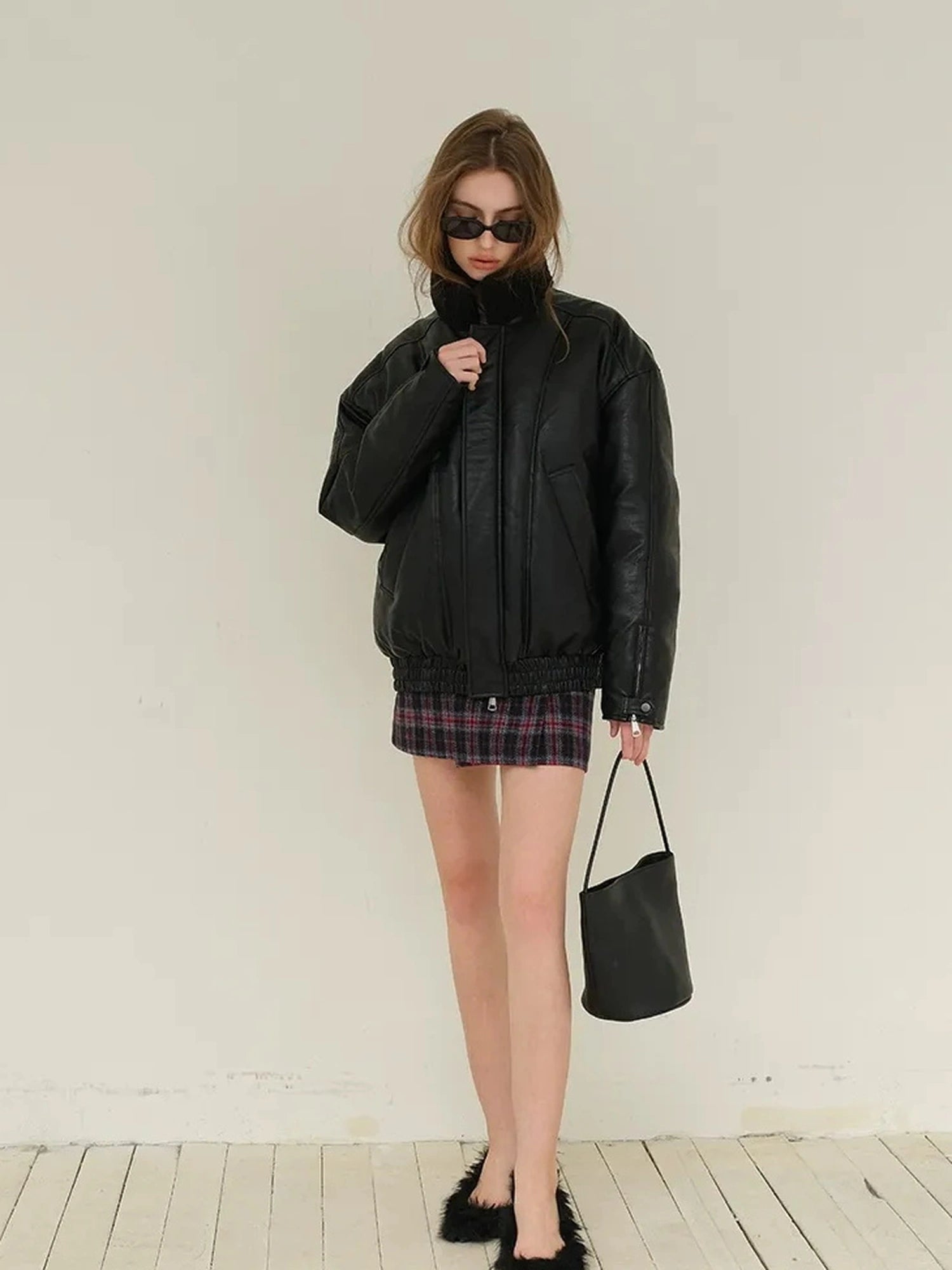 FU FRESH UP Vintage Pu Puffer Jacket With Faux Shearling Collar