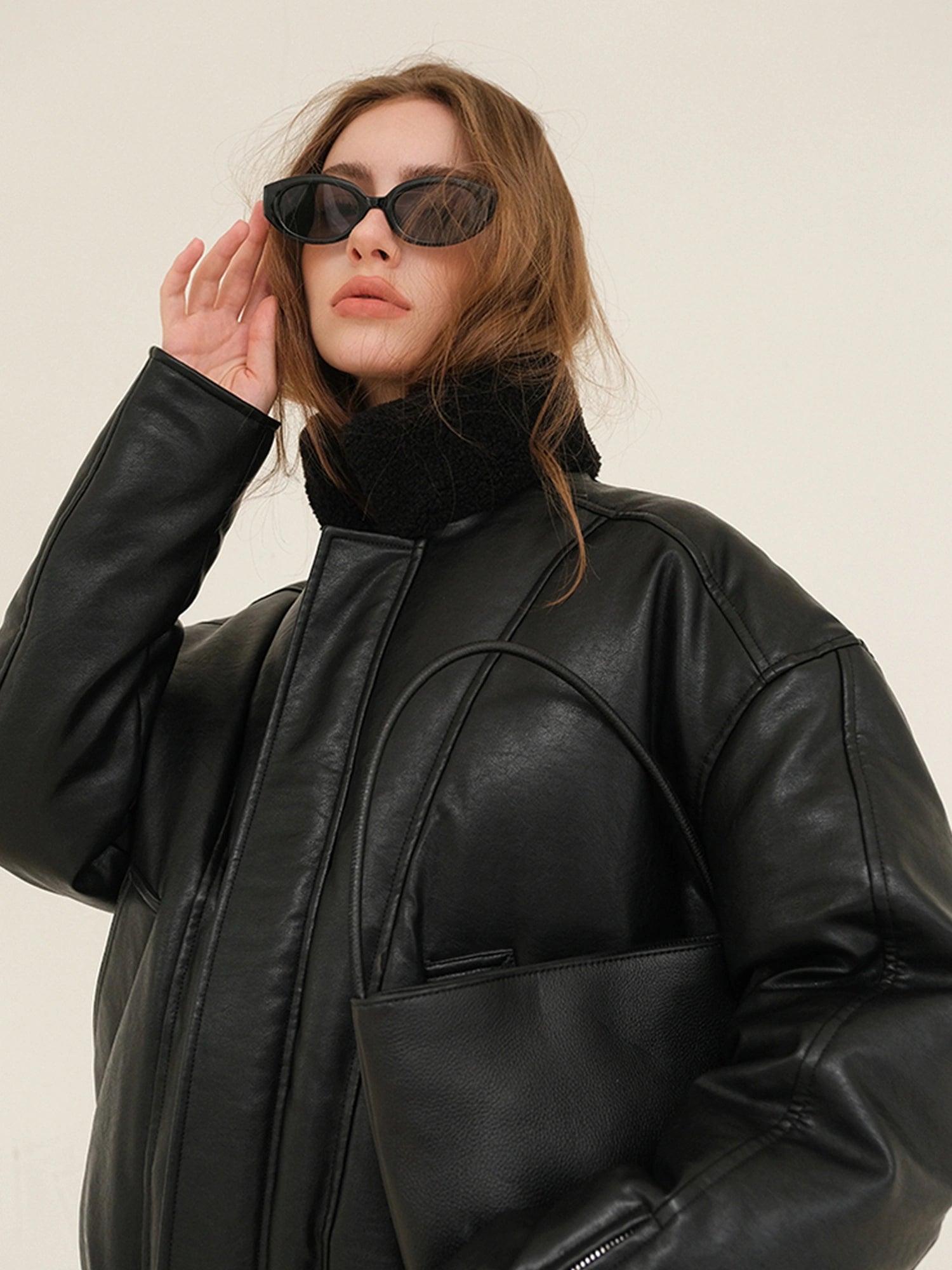 FU FRESH UP Vintage Pu Puffer Jacket With Faux Shearling Collar