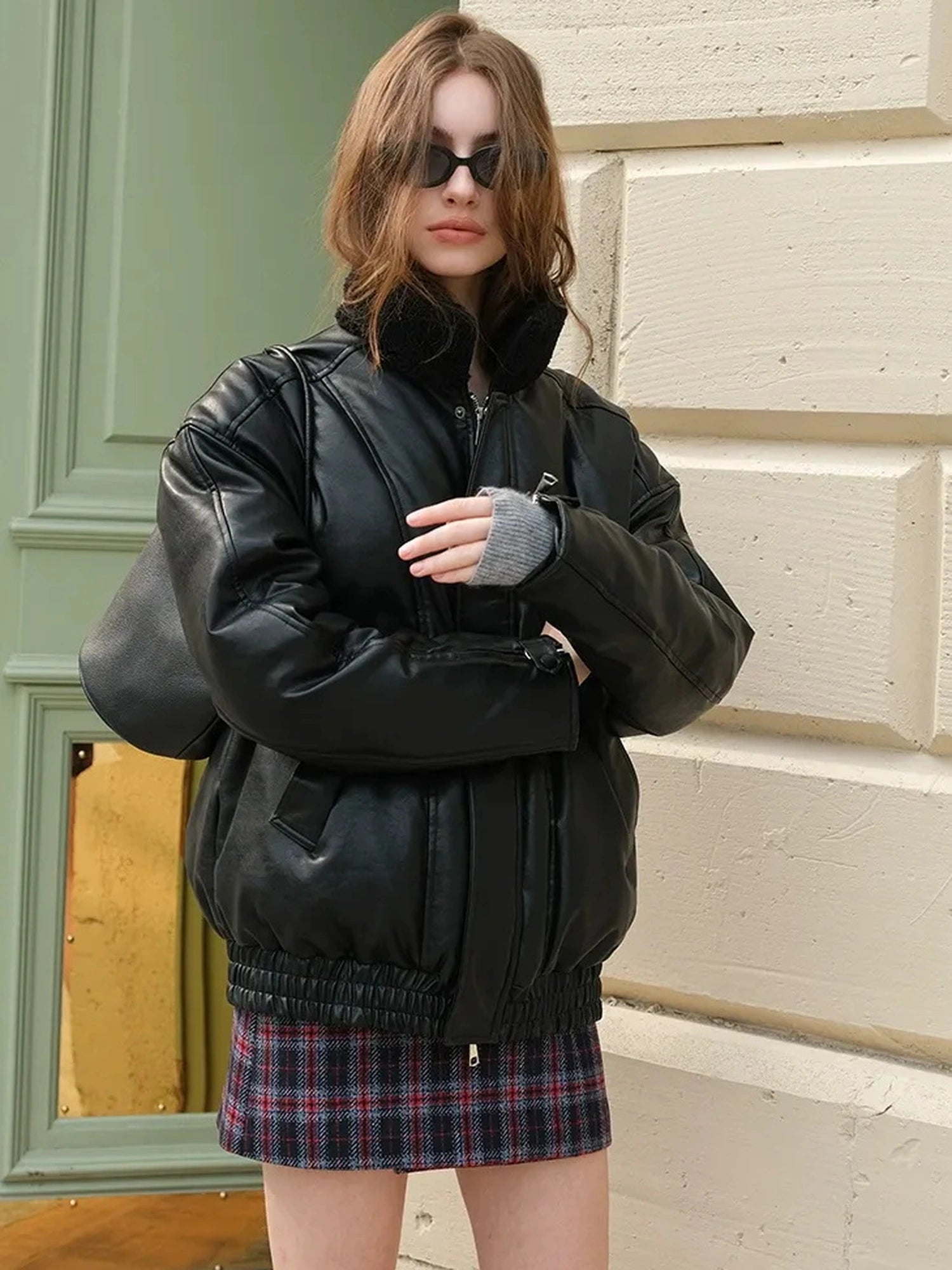 FU FRESH UP Vintage Pu Puffer Jacket With Faux Shearling Collar
