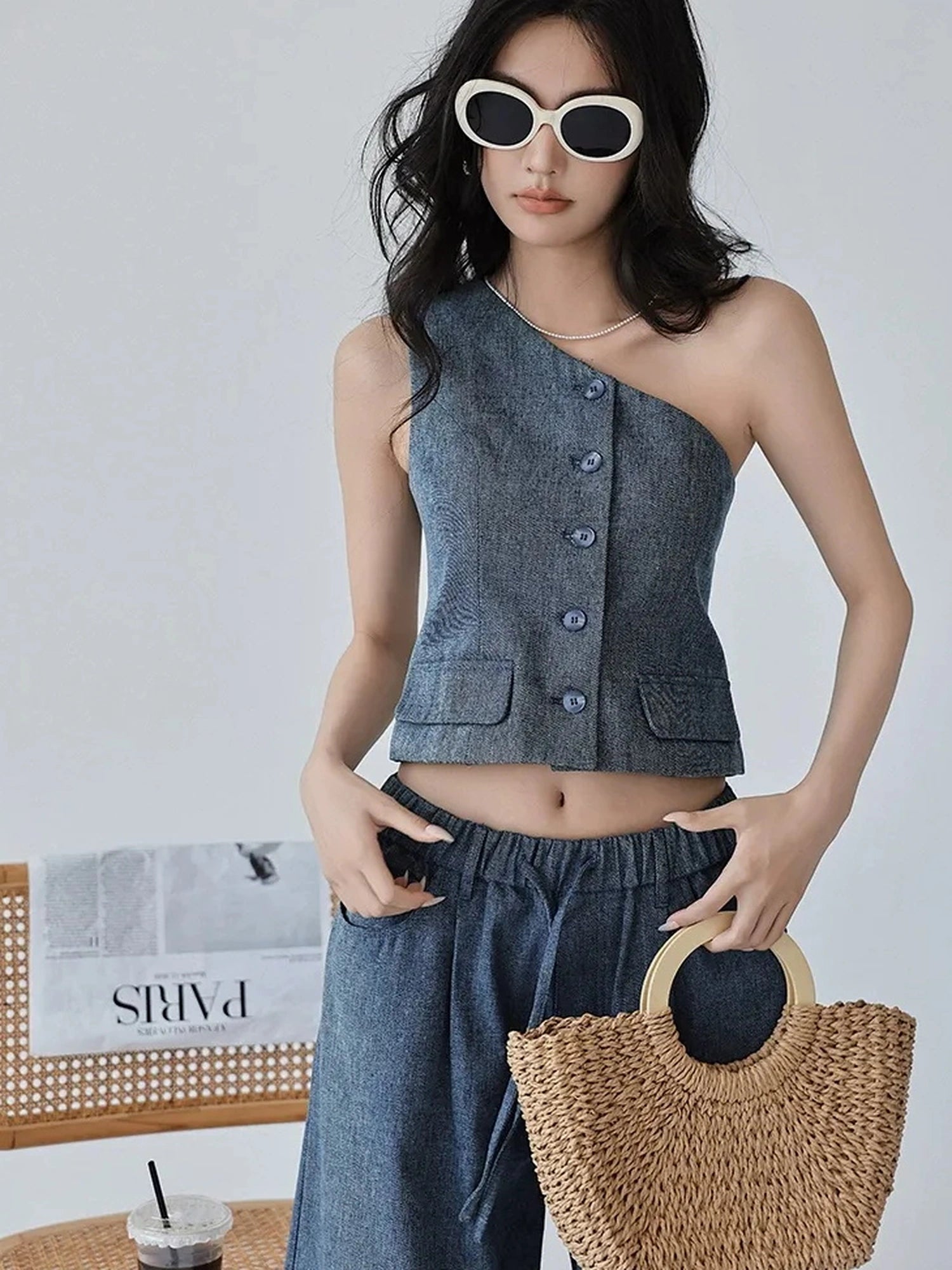 FU FRESH UP Vintage Washed Asymmetrical Denim Set