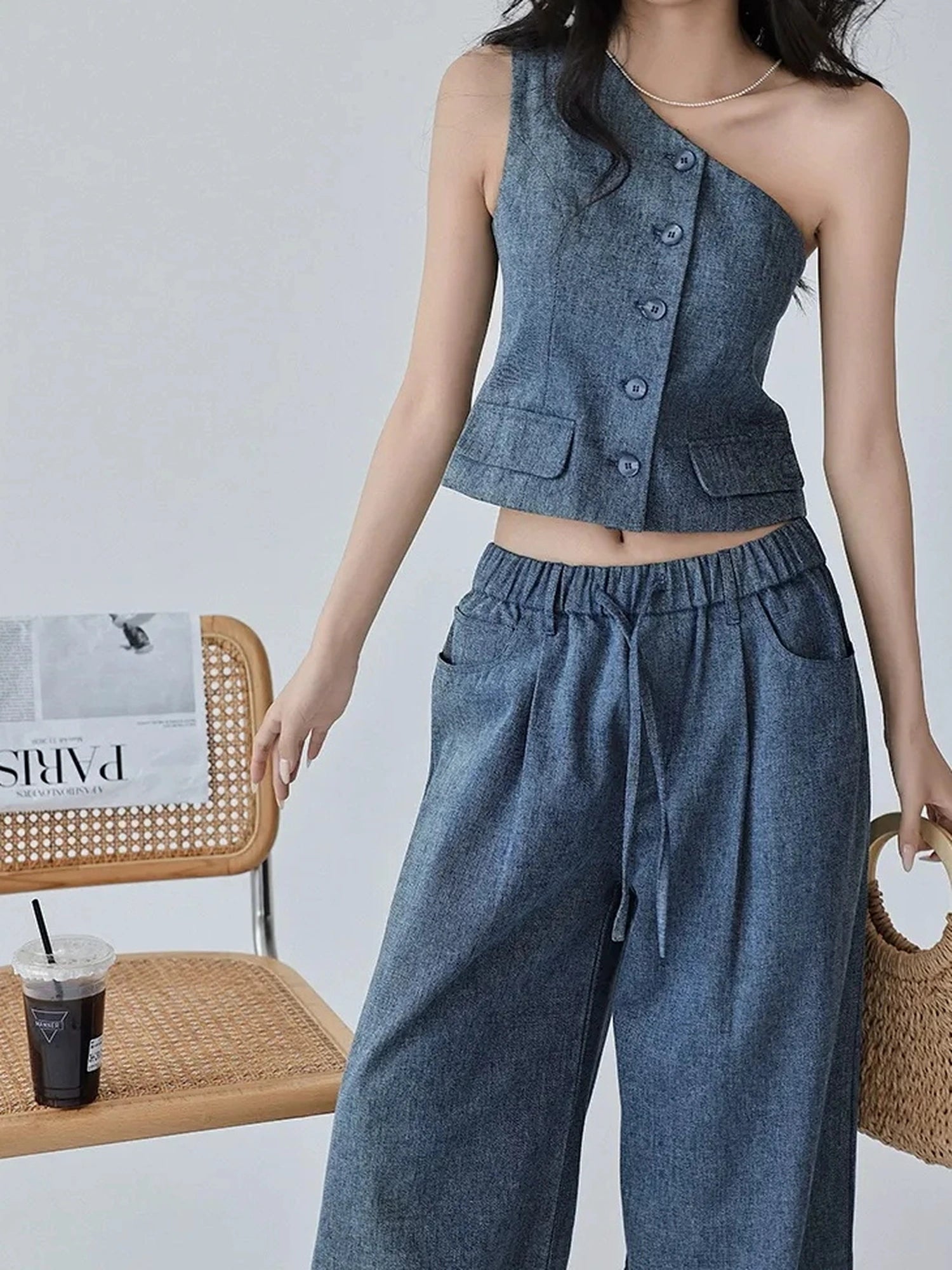 FU FRESH UP Vintage Washed Asymmetrical Denim Set
