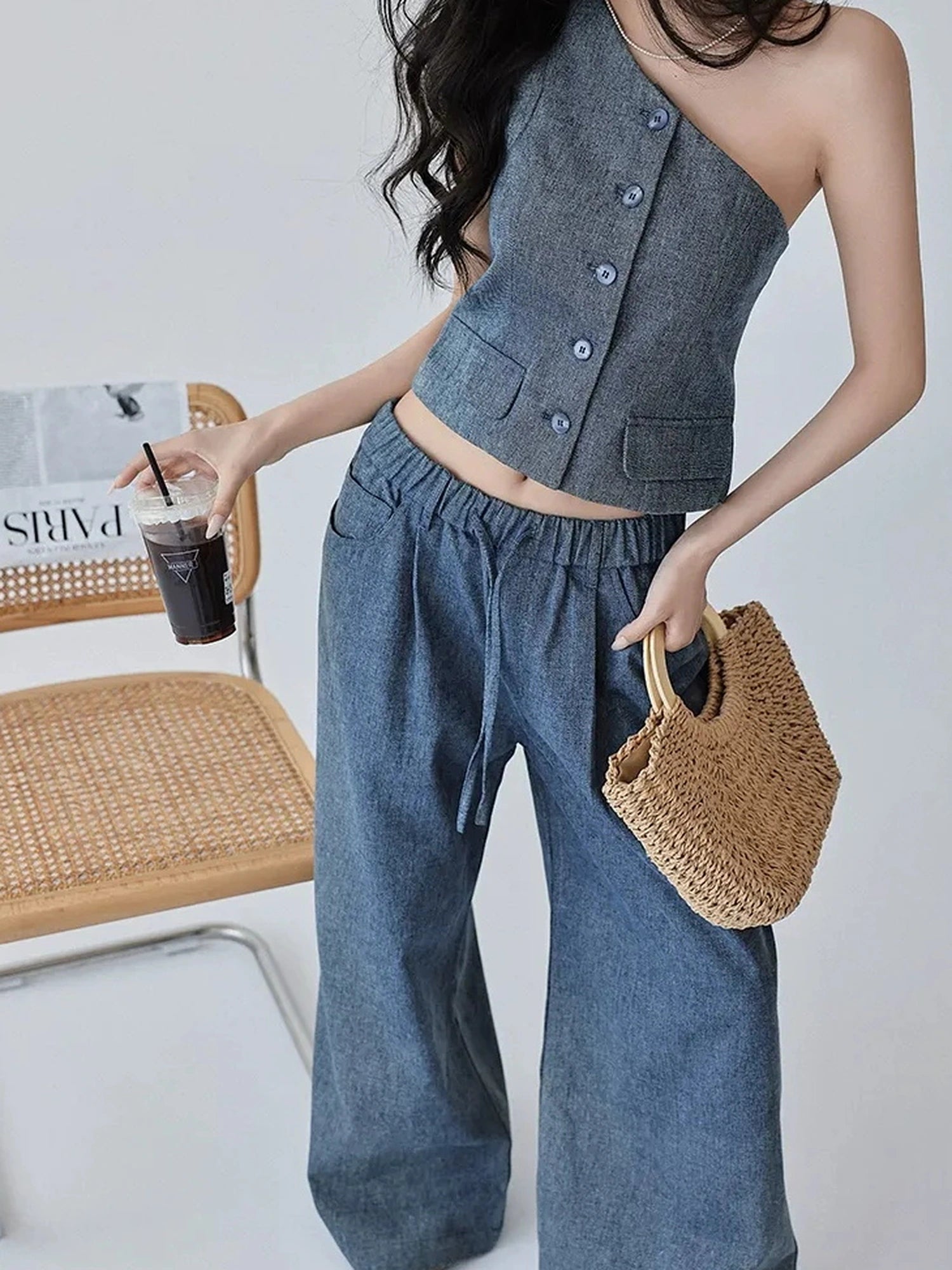 FU FRESH UP Vintage Washed Asymmetrical Denim Set